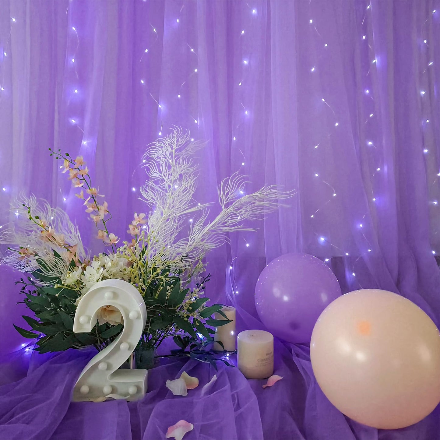 White Tulle Backdrop Curtain with Lights String for Parites 10×8ft Sheer Backdrop Curtains White Curtain Backdrop for Wedding Baby Shower Birthday Party Photo Shoot Decorations(2 Panels 10ft×8ft)