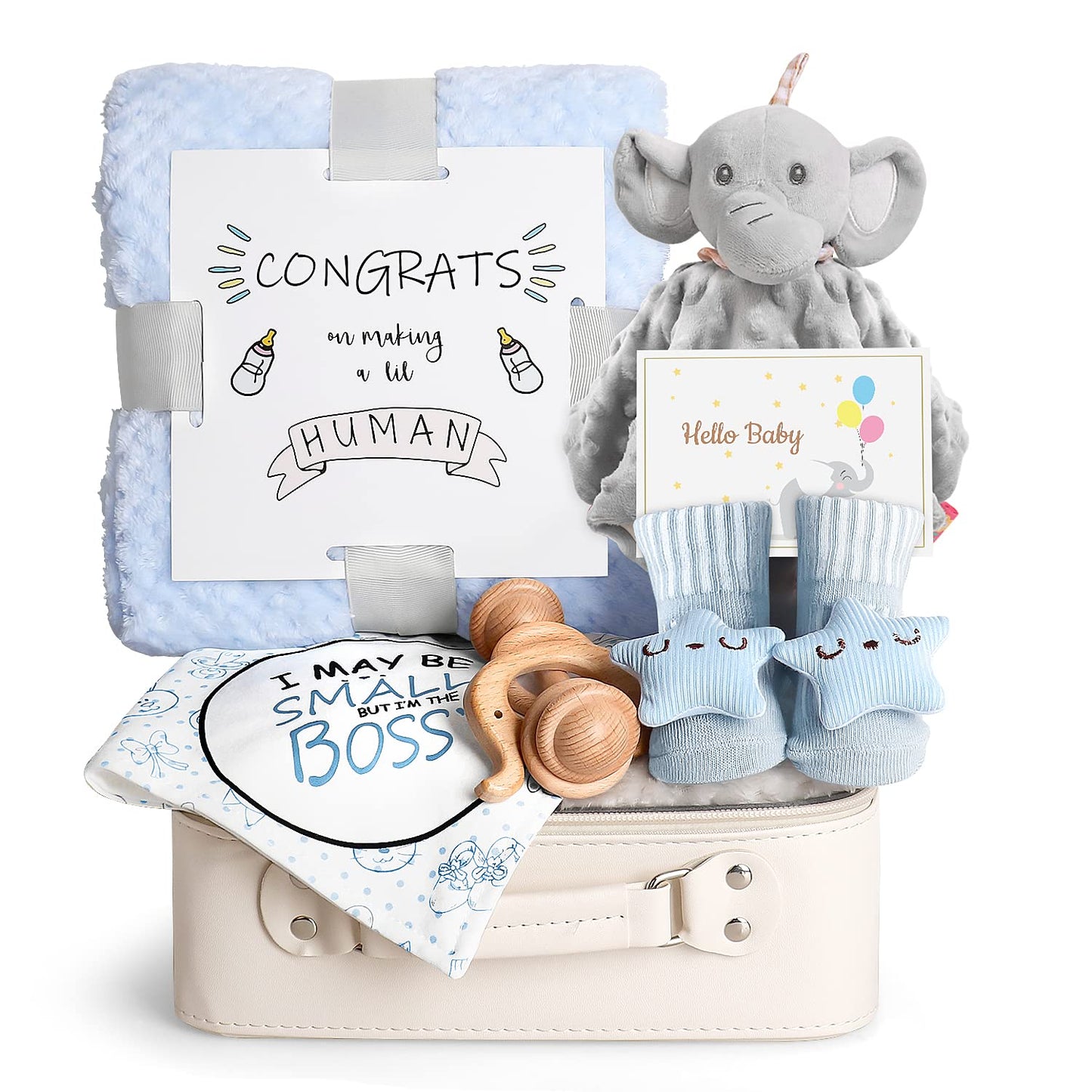 Baby Shower Gifts, Baby Boy Gift Basket Set Newborn Blanket Elephant Lovey Baby Security Blanket Wooden Rattle Toy, Funny Bibs Socks & Greeting Card, New Boys Baby Gift Essentials