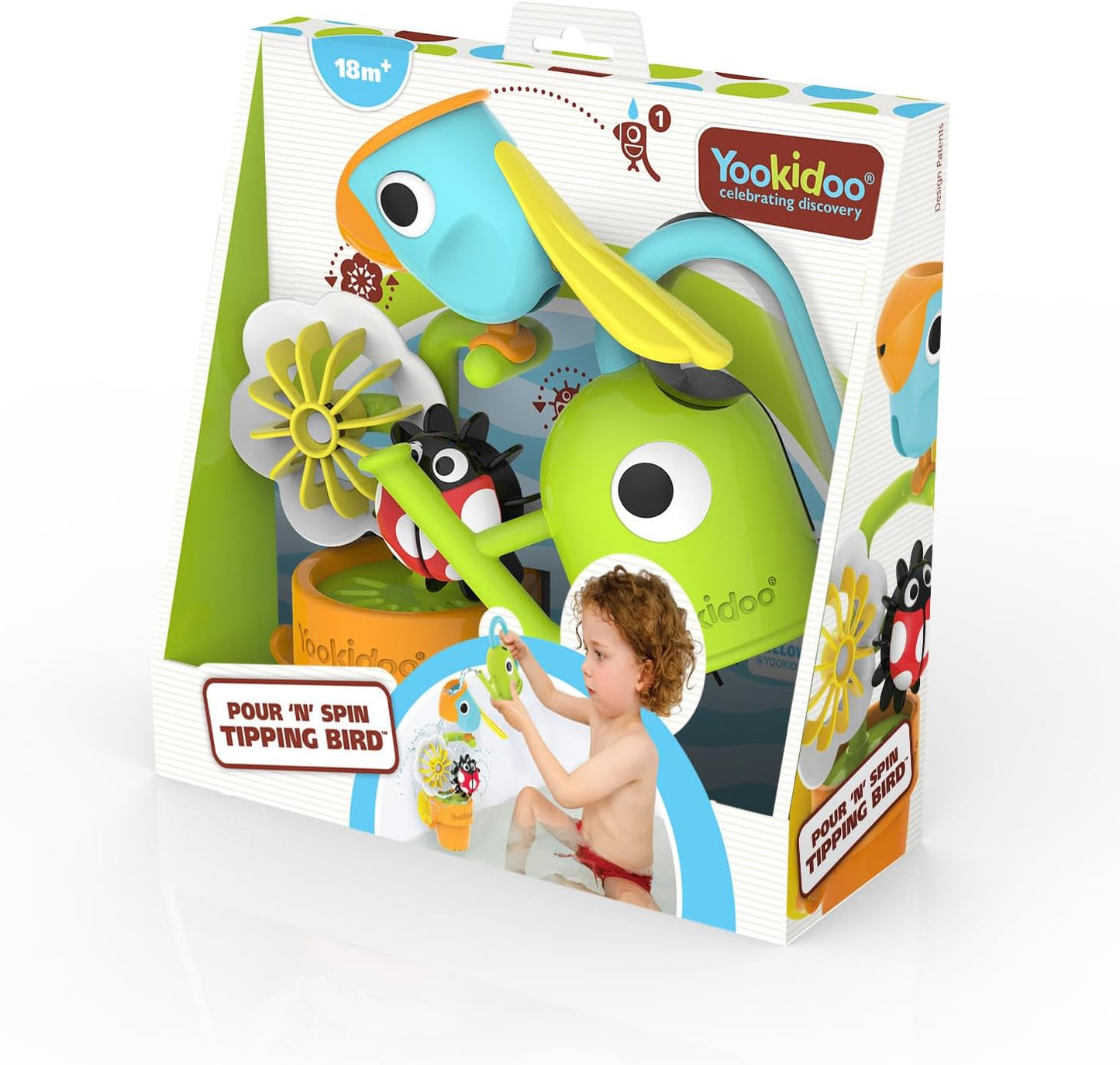 Yookidoo Watering Can Baby Bath Toy (Ages 1-3) Spinning Lady Bug & Tipping Bird Toy with 3 Moving Pieces (Mold Free) - Attaches to Tub Wall for Easy Toy Holder and Storage - for Toddler Bath Time