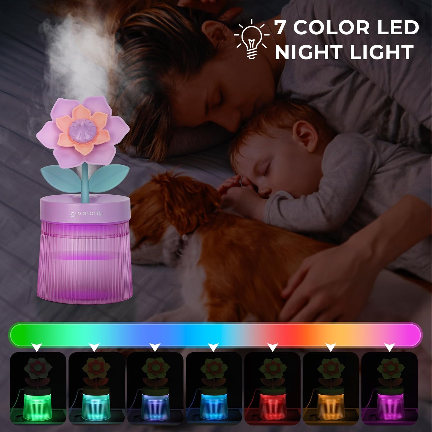 Cute Flower Mini Humidifier, 260ml Gardenia Desktop Humidifiers for Bedroom, Portable Small Cool Mist Humidification for Home, Baby Nursery, Office & Indoor Plants, USB Powered (Pink)