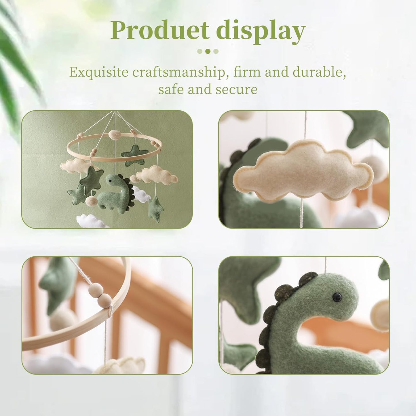 Soft Green Dinosaur Theme Baby Mobile for Crib, Simple Crib Bell for Boys and Girls,Handmade Felt Clouds Nursery Ceiling Decoration,Easy to Install Cotton Animal Charms for Bassinet