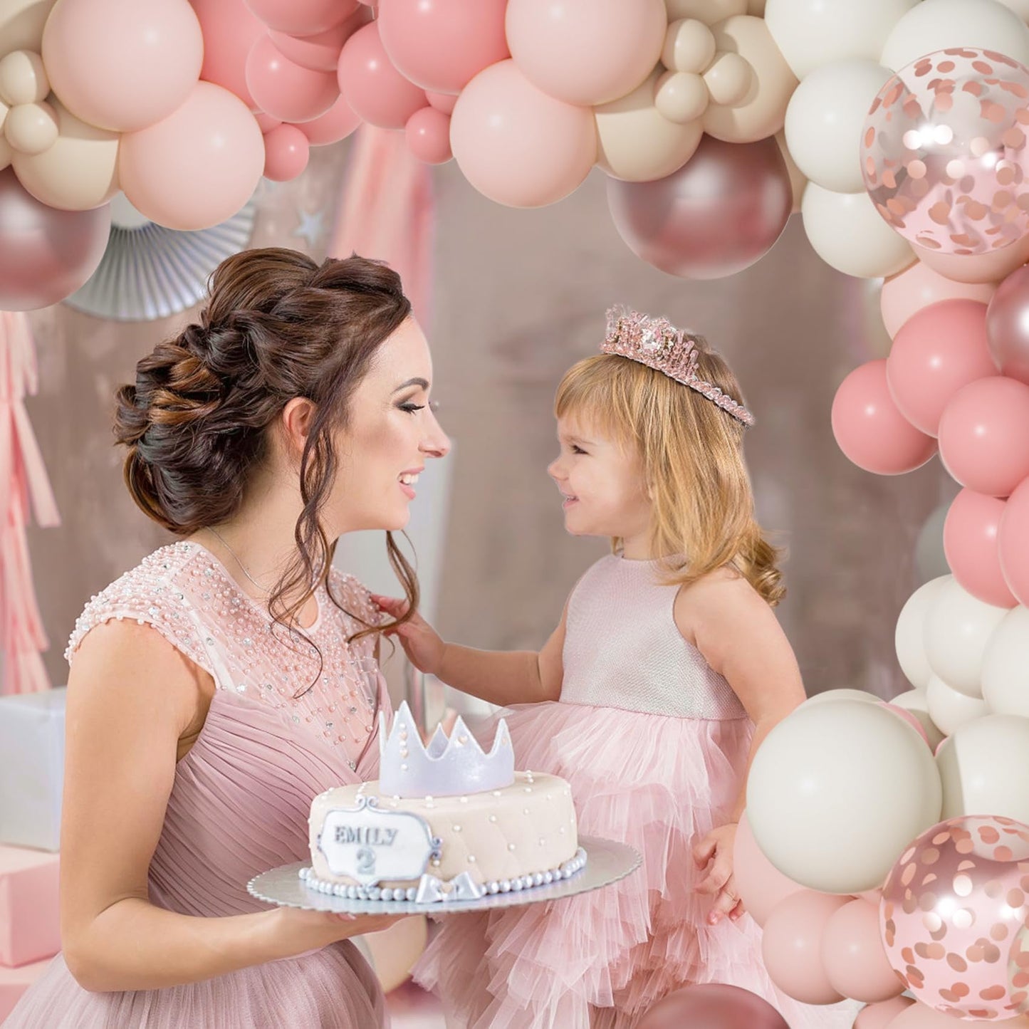 Ouddy Party Dusty Pink Balloons Arch Garland Kit, Different Sizes 18 12 10 5 Inch Boho Pink White Sand Latex Metallic Confetti Balloon for Girl Baby Shower Mothers Day Birthday Party Decorations