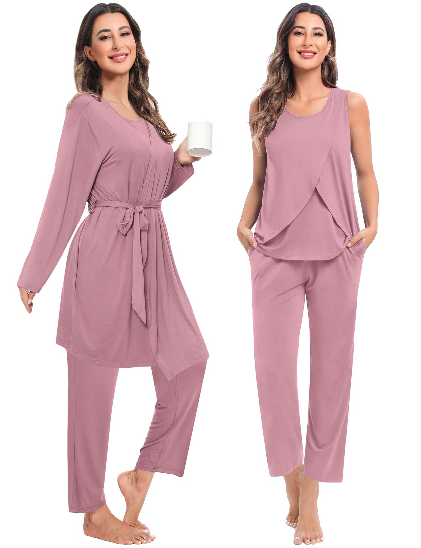 SWOMOG Maternity Nursing Robe Set 3 PCS Postpartum Breastfeeding Pajamas Hospital Pregnancy Pjs Double Layer Lounge Set