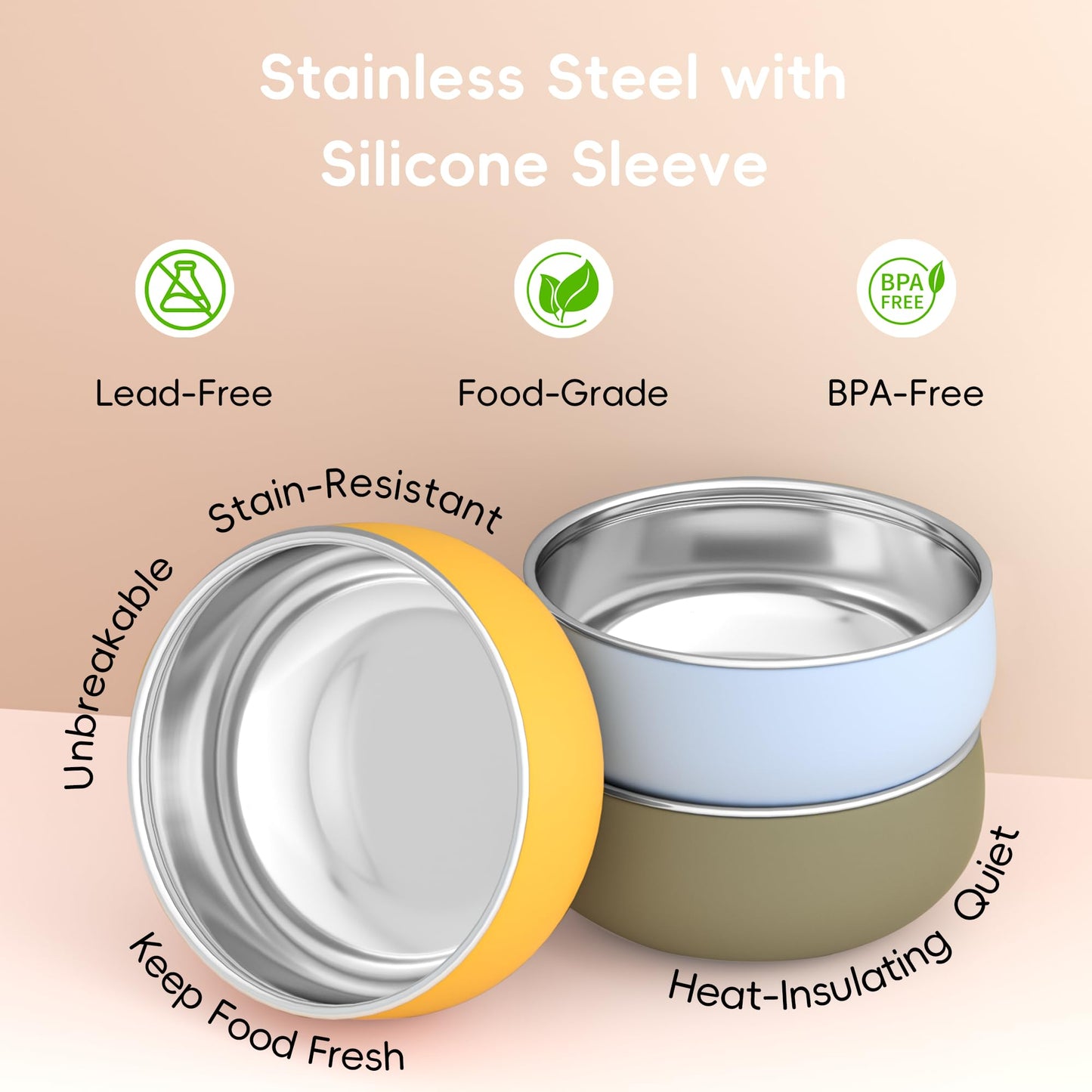 Bella's Friends Stainless Steel Baby Bowls with Silicone Sleeve 3 Pack, 4.3” for Toddlers Kids Feeding, Non-Slip, Non-Toxic, Mess-Free, Dishwasher Safe, Fit High Chair Size, Rose green Khaki