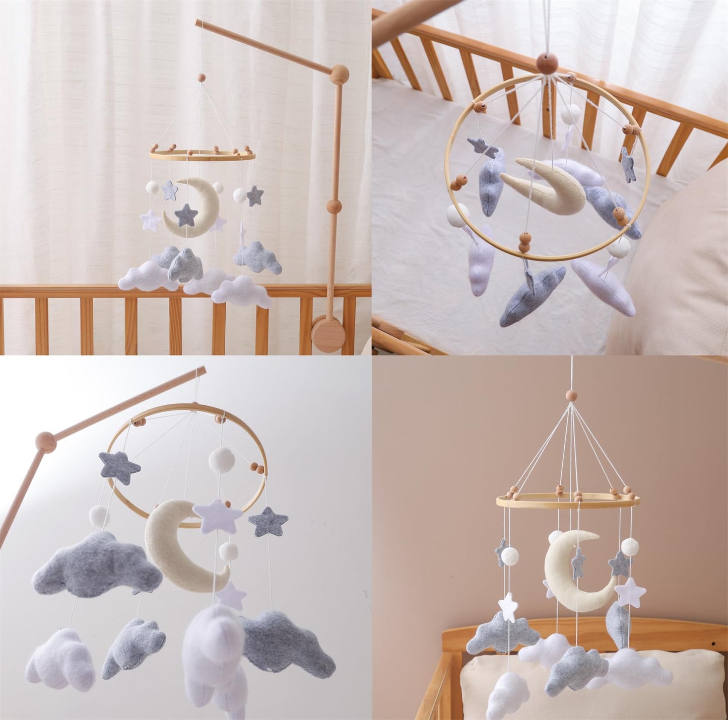 Gray Pink White Cloud Moon Themed Nursery Mobile,Crib Mobile for Baby Boys Girls,Handmade Baby Mobile,Adjustable Cotton Felt Soft Ceiling Mobile,Baby Shower Gifts for New Moms (Pink)