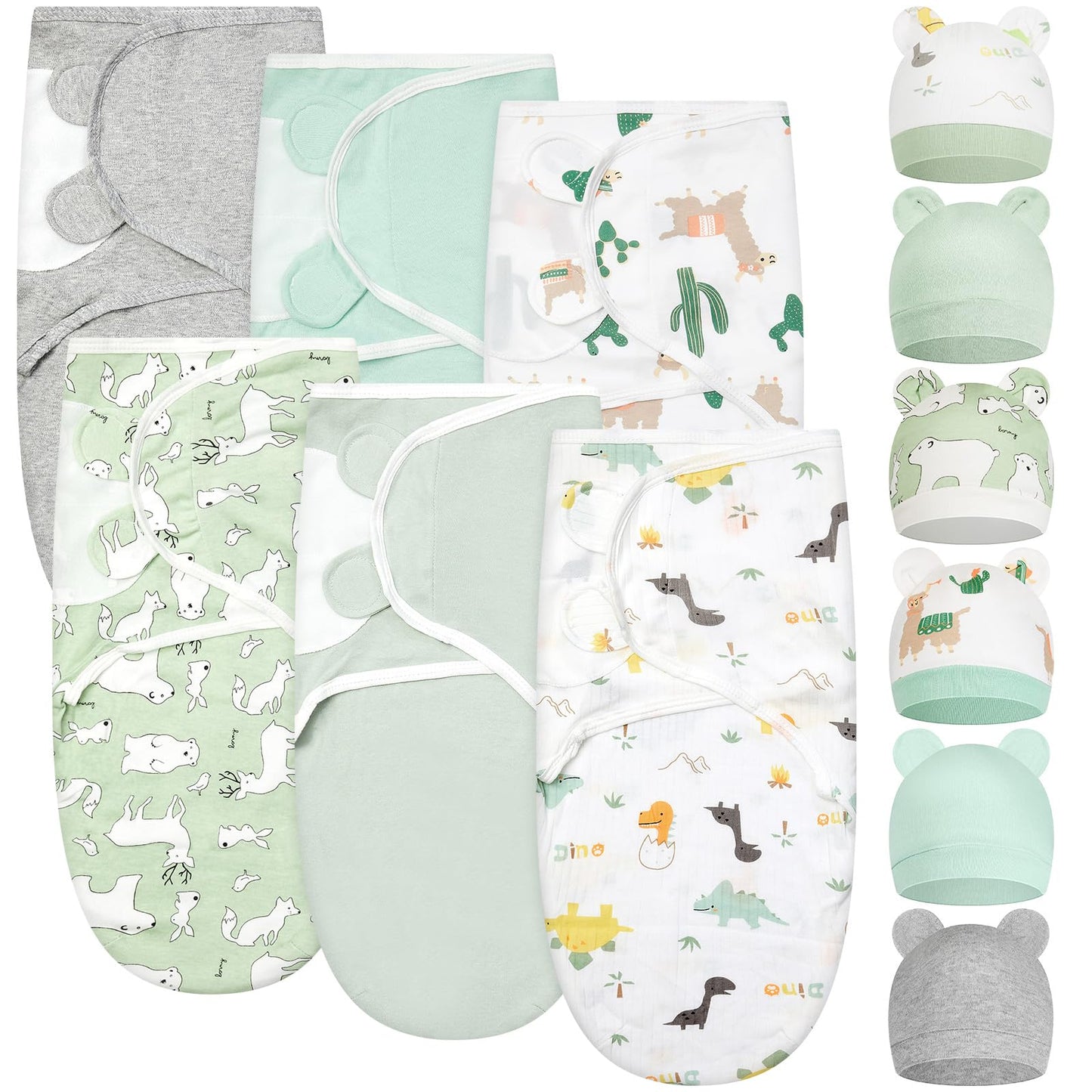 Ramede 6 Pack Baby Swaddle Blanket with Hats Sleep Swaddle for 0-3 Months Newborn Sacks Soft Cotton Wearable for Boy Girl