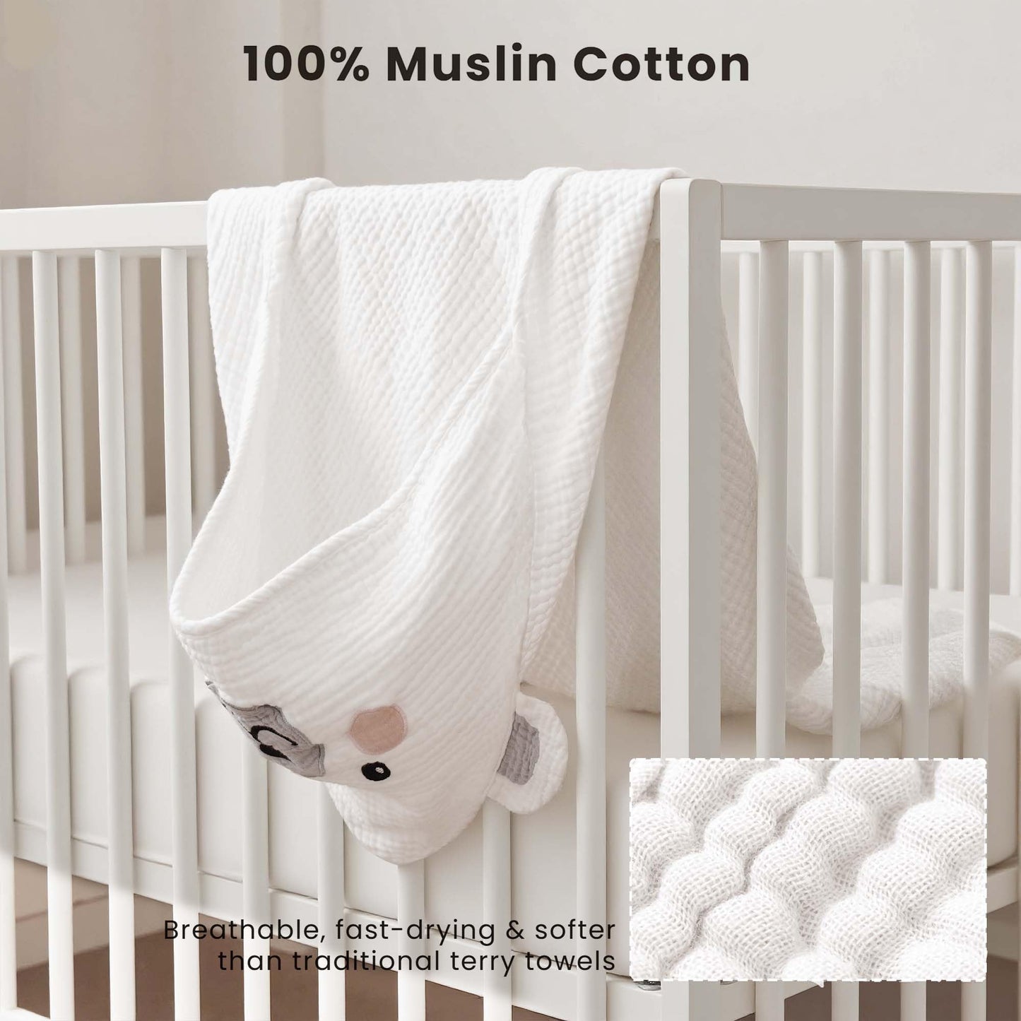 Konssy 2-Pack Muslin Baby Hooded Towels, Soft Cotton and Absorbent Baby Bath Towels for Newborn, Infant & Toddler with Animal Hooded Design (Bunny & Deer)