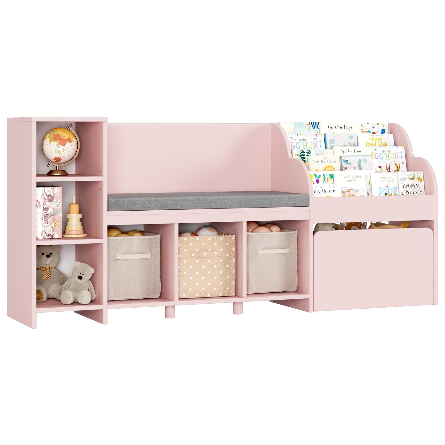 HOSTACK 67" Kids Reading Nook with Bench, Kids Bookshelf and Bookcase with Seat Cushion and 6 Storage Cubbies, Toy Storage Box on Wheels, Toy Chest for Playroom, Bedroom, School, White