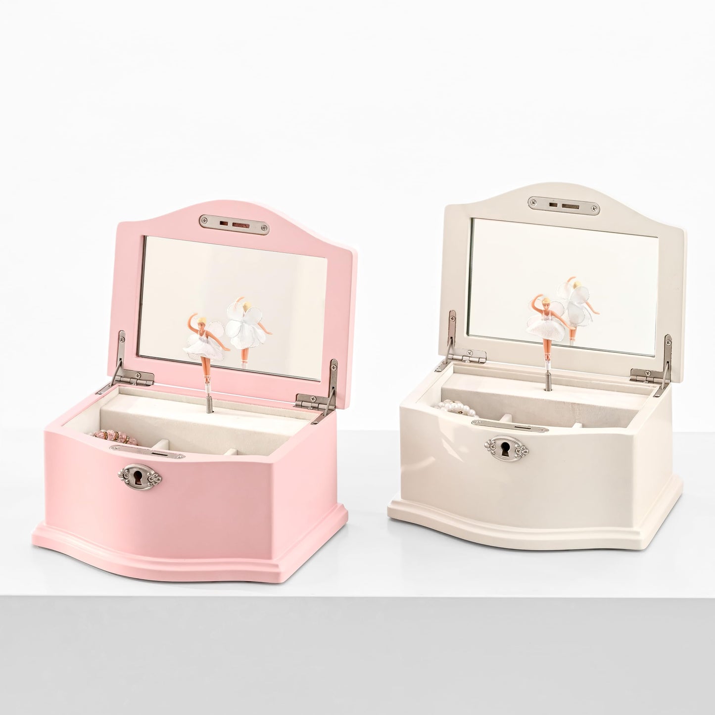 Wooden Musical Jewelry Box for girls with Mirror and Key Lock, Gift for Kids on Birthdays and Holidays (Pink, Small) (Beige, Small)