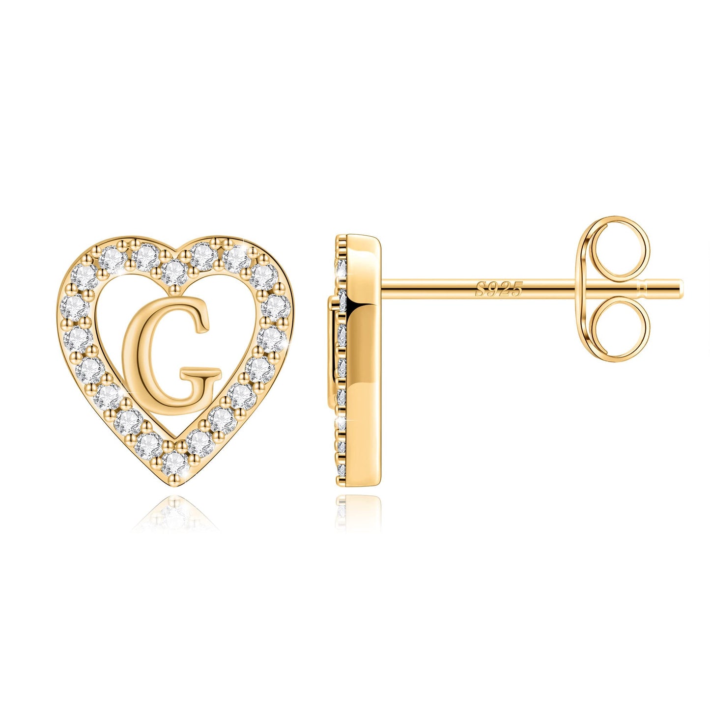 Anoup Heart Initial Stud Earrings - Gifts for Girls, Sterling Silver Post 14K Gold Plated All Over Hypoallergenic | CZ Simulated Diamond Stud Earrings | Birthday Gifts for Kids Toddlers Daughter