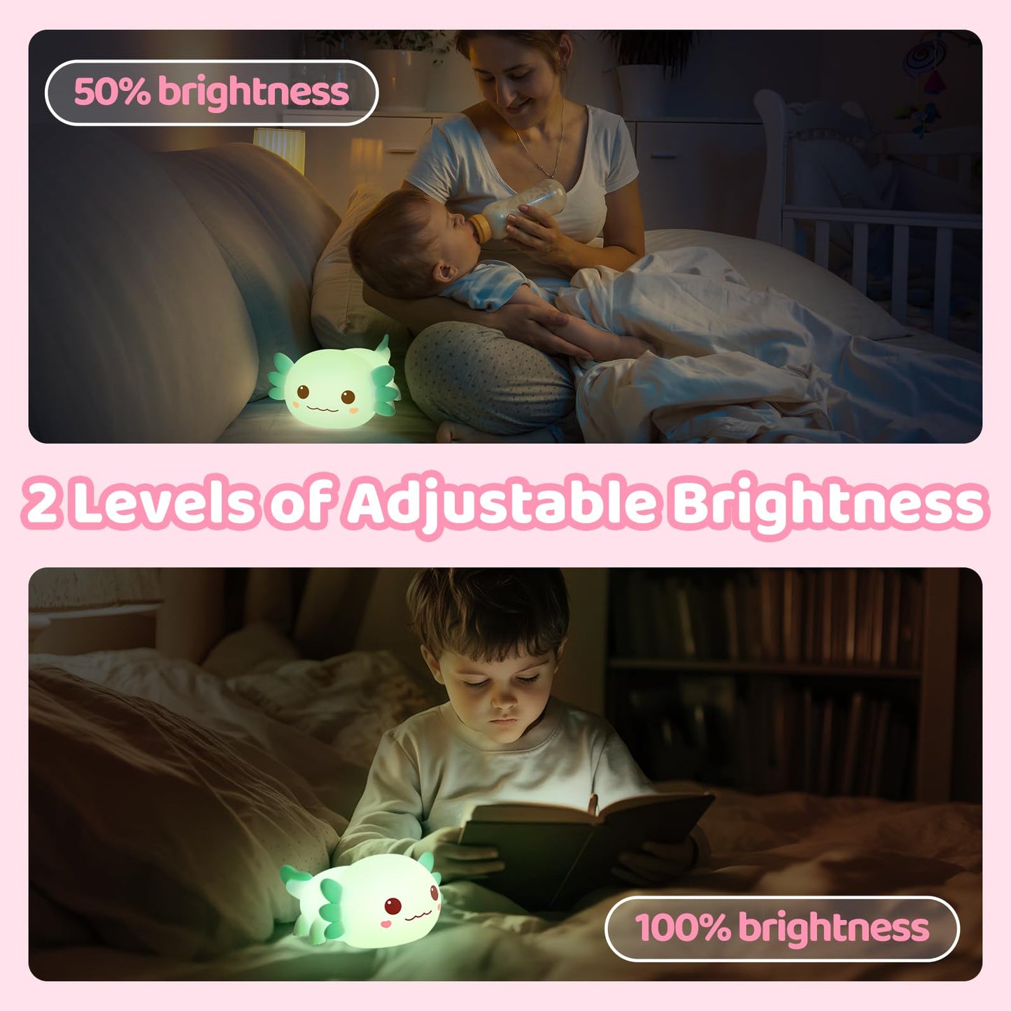 Huggwaii Squishy Axolotl Night Light for Kids – Dimmable Silicone Axolotl Lamp, 2025 Upgraded Baby Night Light, Rechargeable, 20H Battery Life, Sleep Aid Gift for Toddlers, Girls&Room Decor