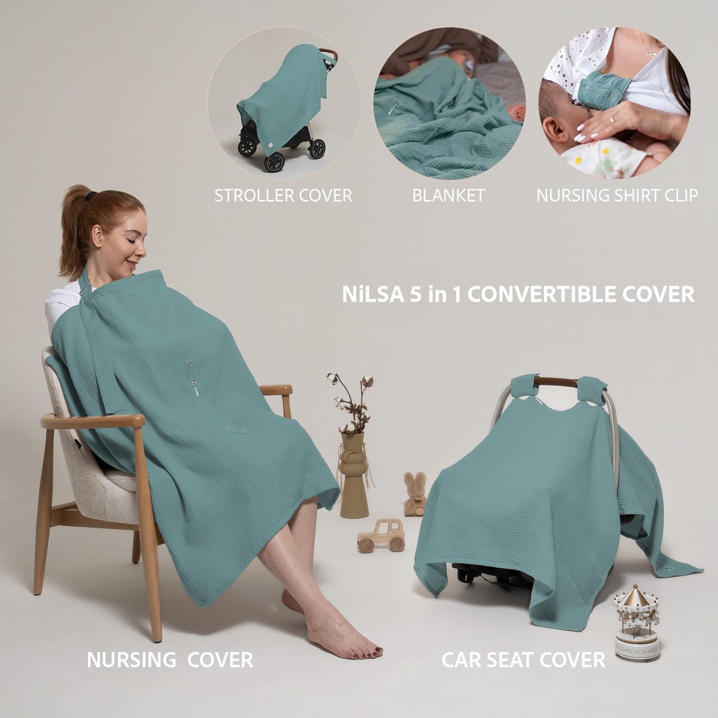Nilsa 5-in-1 Muslin Nursing Cover up for Breastfeeding & Baby Car Seat Cover - Breathable Breastfeeding Cover With Rigid Hoop - 100% Cotton Privacy Apron Breast Feeding Covers For Women (Blush)