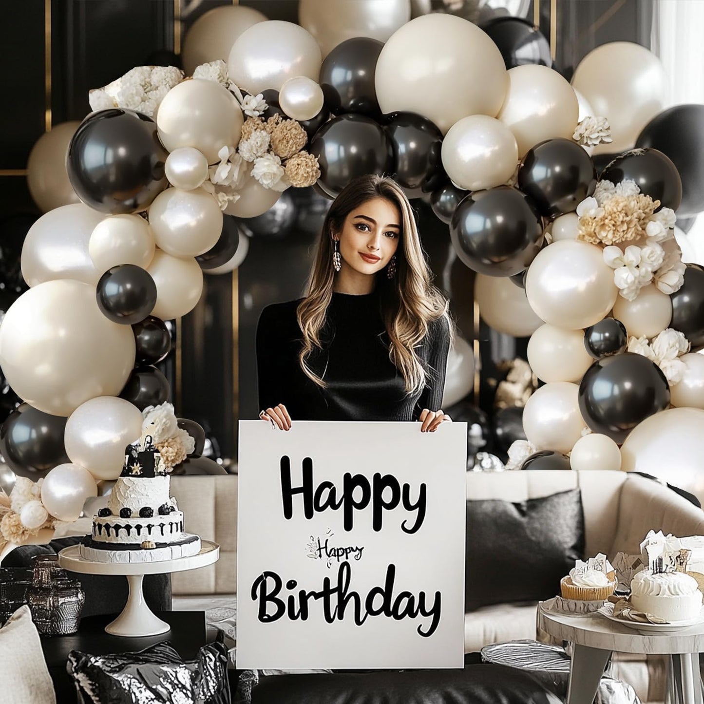 Black And White Balloon Arch Kit, Double Stuffed White And Black Balloons Garland Pearl White Sand Black Latex Balloons Different Size for Wedding Coquette Birthday Party Decorations
