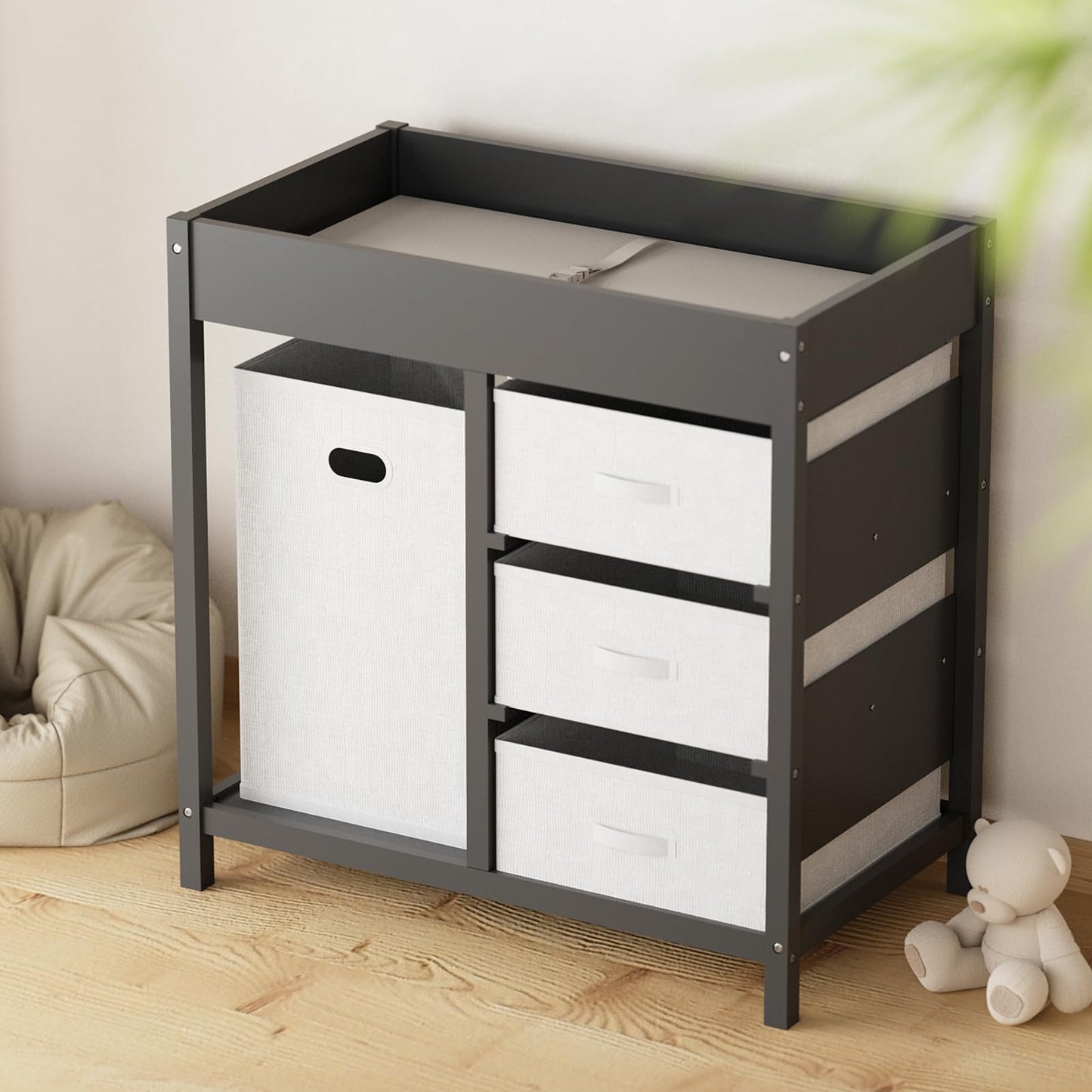 KORIMEFA Baby Changing Table, Baby Diaper Changing Station Dresser with Laundry Hamper, 3 Drawer Basket and Changing Pad, Grey