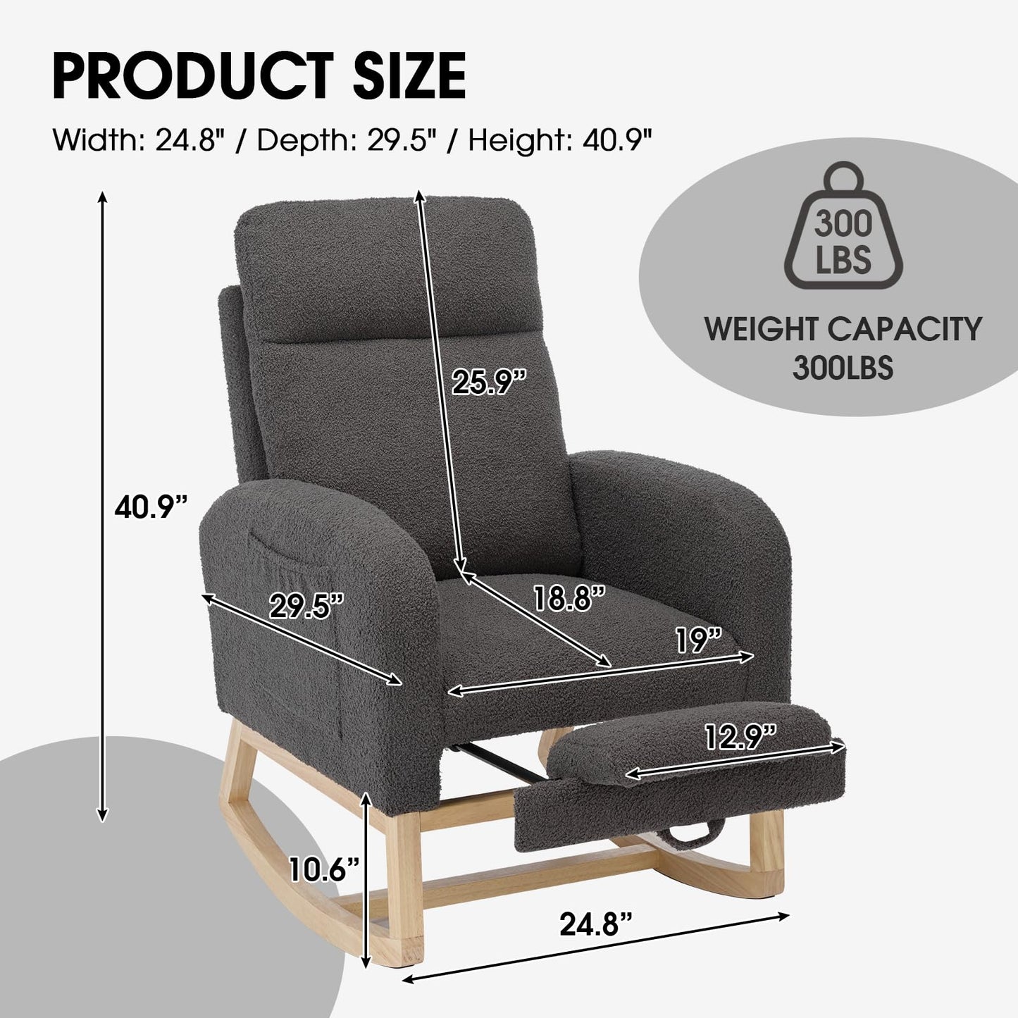 NIOIIKIT Modern Nursery Rocking Chair, Teddy Upholstered Rocking Chair with Footrest, Comfortable Glider Rocker with Side Pocket for Living Room, Bedroom, Nursing Room (Beige)