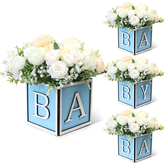 4 Set Baby Shower Centerpieces for Tables - 6 inch Wooden Boxes with Baby Letters Rustic Cube Planter Wood Blocks for Boy Girl Gender Reveal Party Favor (Blue)