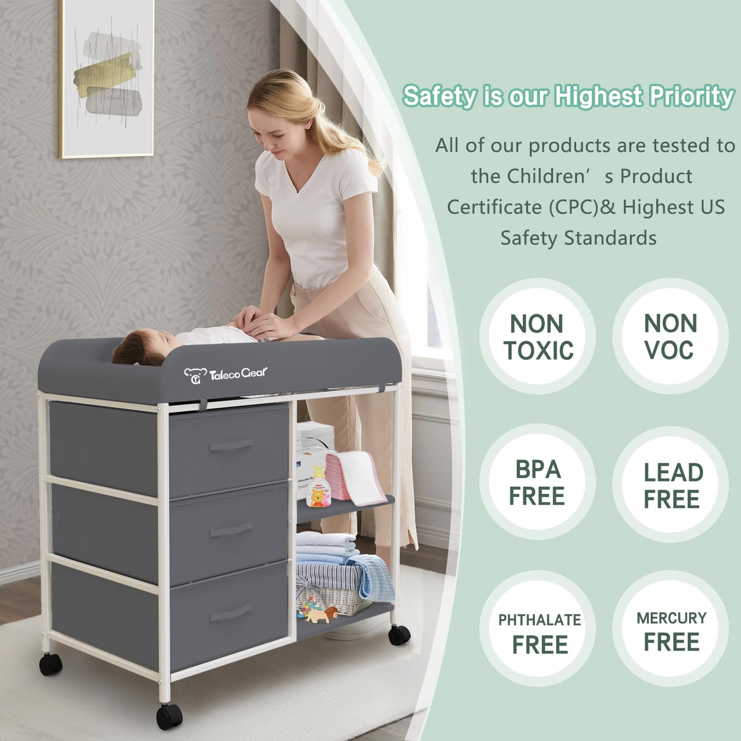 G TALECO GEAR Baby Changing Table, Portable Changing Table, Diaper Changing Station with Waterproof Pad, Changing Table Dresser with 3 Storage Baskets, Mobile Nursery Organizer for Newborn Essentials
