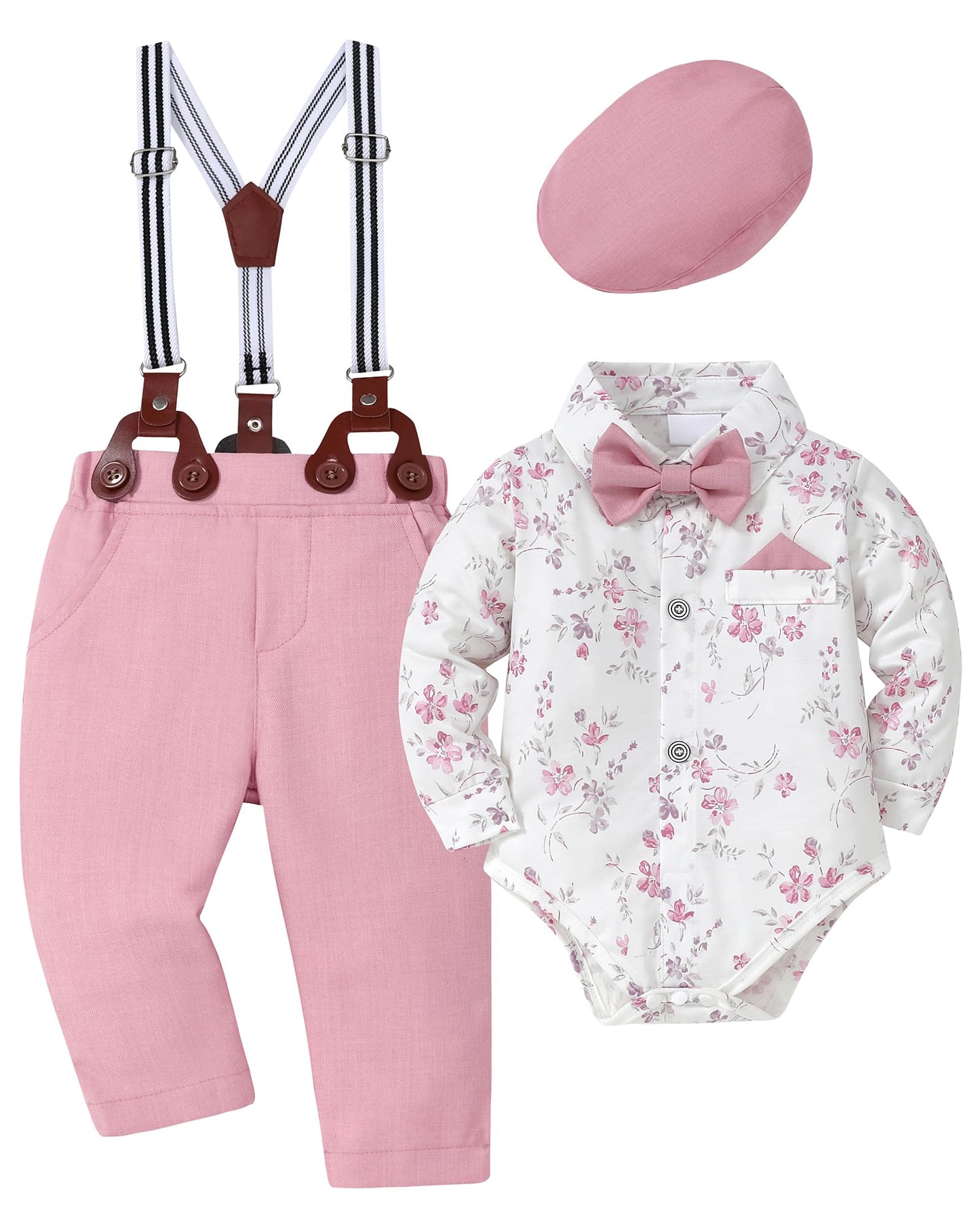 WESIDOM Baby Boy Clothes 0-18M Newborn Infant Gentleman Outfit, Shirt+Bowtie+Beret+Suspender Pant Baby boy Suit Clothing Set