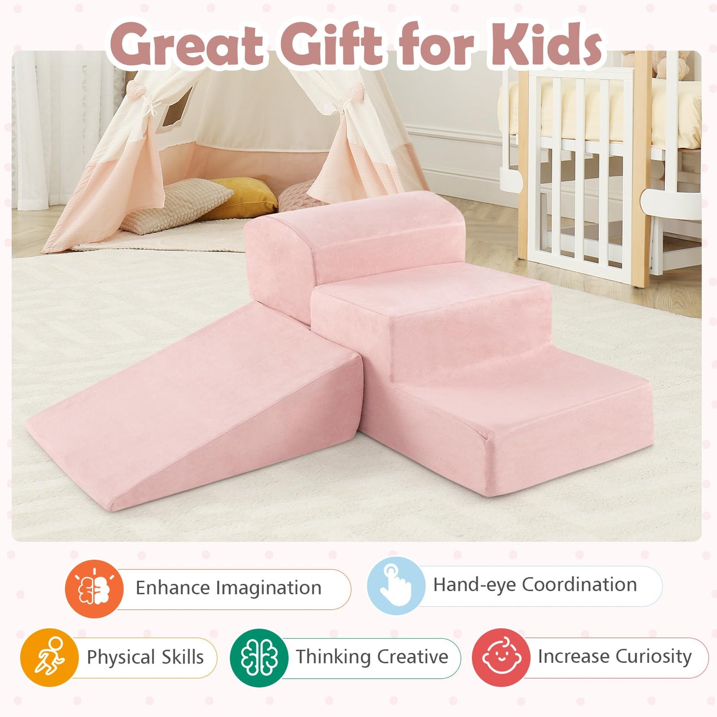 HONEY JOY Toddler Climbing Toys Indoor, 5-Piece Soft Foam Climbing Blocks w/Ball Pit, Washable Baby Playtime Playground Set, Modular Structure Gym Equipment, Kids Climb and Crawl Playset, Gift (Pink)
