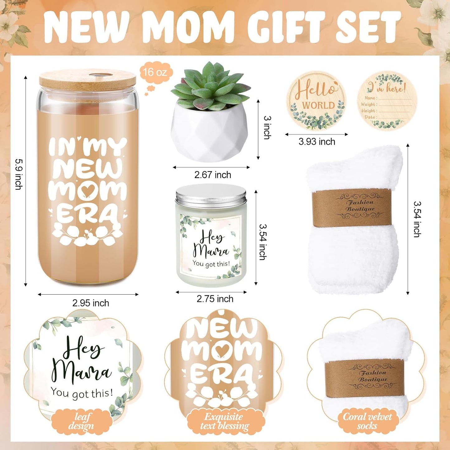 Honeydak New Mom Gifts for Women, Green Leaf Theme Pregnancy Gifts for Expecting Mother, New Mom Care Package After Baby Basket Essentials, Congrats on Postpartum Present with 16 oz Mama Glass Cup