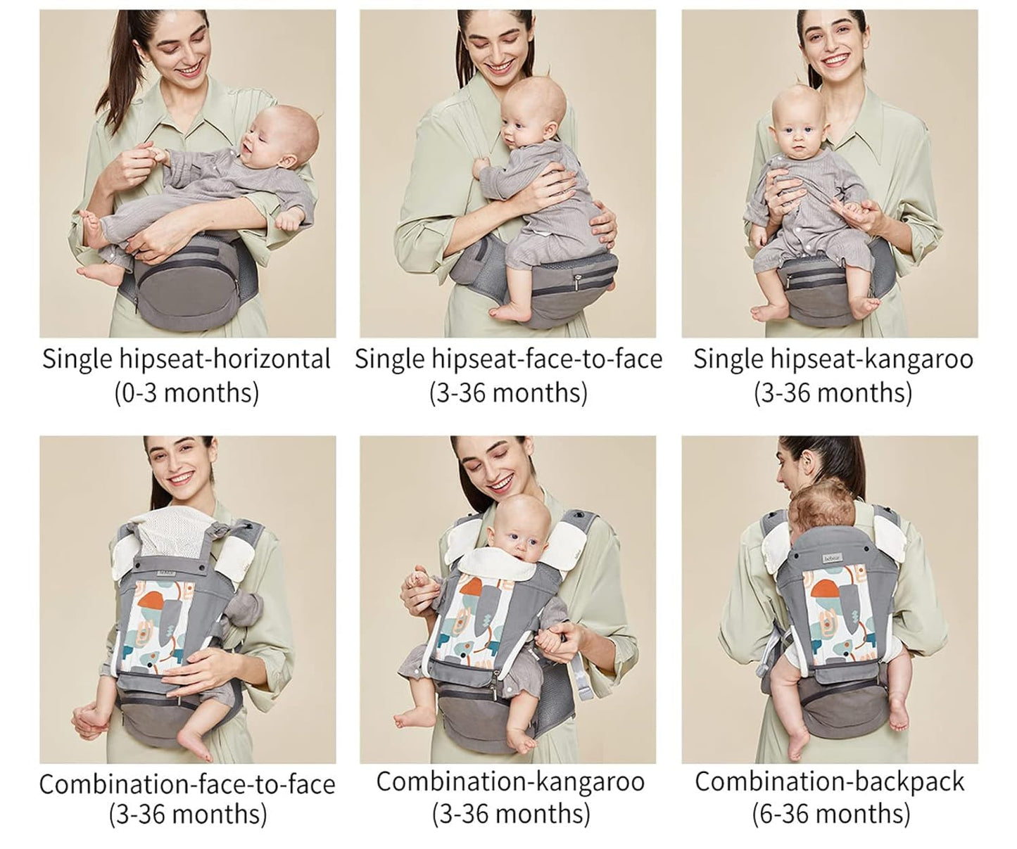 Bebamour Baby Carrier Newborn to Toddler-2 in 1 Hip Seat & Carrier Front and Back Carry with Head Hood & 3 Pieces Teething Pads& Waist Extenders & Storage Bag 0-36 Months (Green)