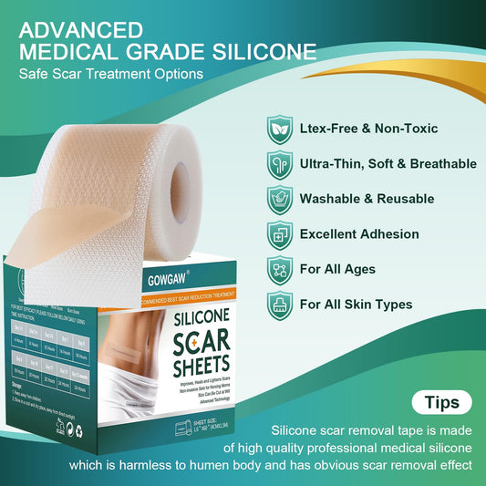 Medical Grade Silicone Scar Sheets, Silicone Scar Tape (1.6”x 60” Roll-1.5M), Professional Scar Removal Treatment, Reusable Silicone Scar Strip for Keloid, C-Section, Surgery, Burns, Acne Etc