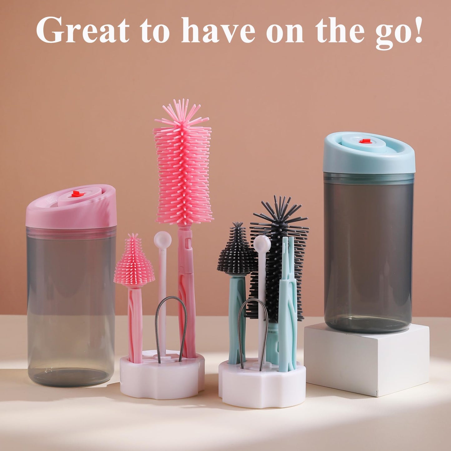 Baby Bottle Brush Set,Travel Baby Bottle Cleaner Kit,Silicone Bottle Brush with Stand Holder, Bottle Drying Rack,Babyshower Gifts for New Mom