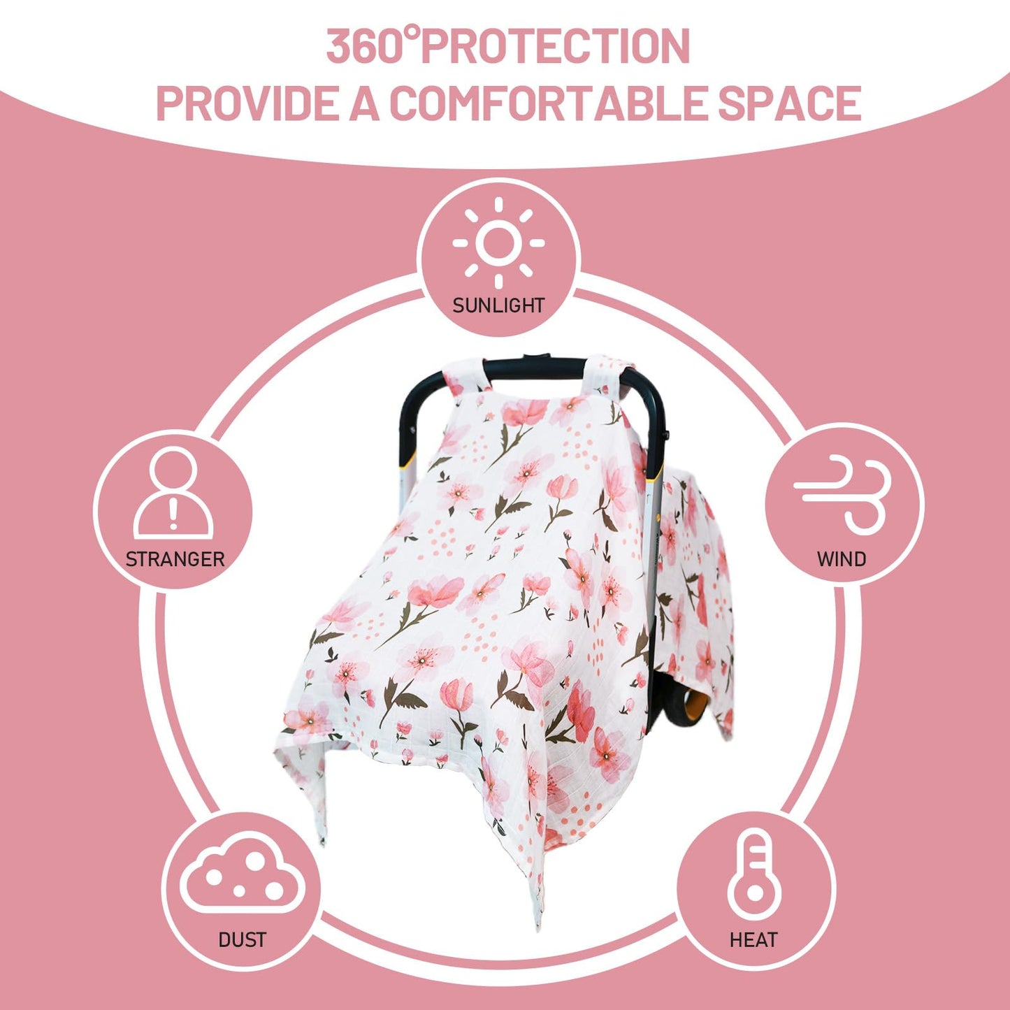 100% Muslin Summer Baby Car Seat Cover, Universal Fit Infant Car Seat Canopy, Breathable & Lightweight Sun, Weather Protection for Boys & Girls