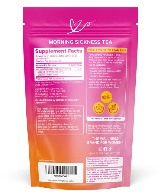 Pink Stork Organic Morning Sickness Pregnancy Tea - Hot or Iced Tea - Prenatal Heartburn, Indigestion, and Constipation Support - 1st Trimester Pregnancy Must Haves - Ginger Peach, 15 Sachets