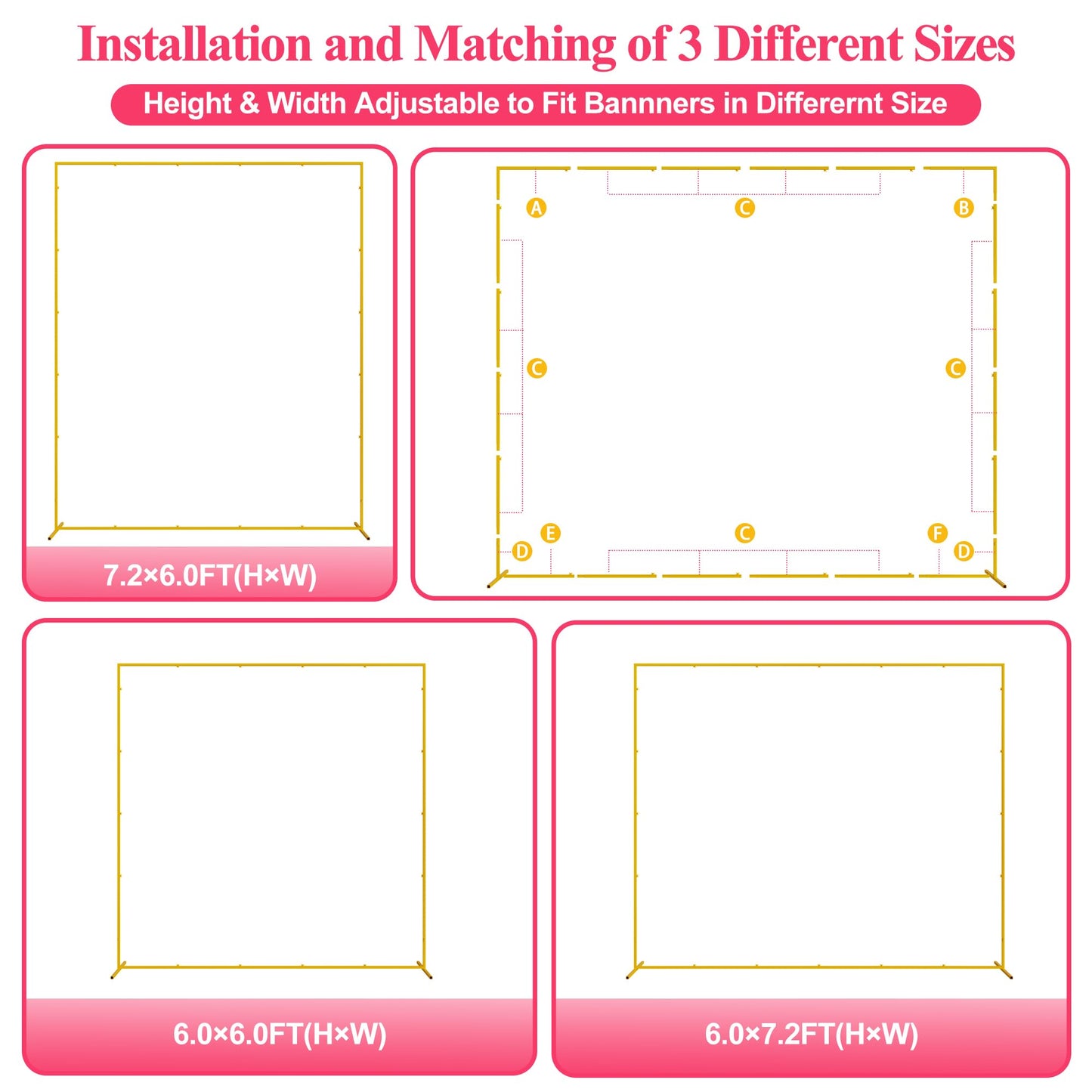 Wokceer Wedding Arch Backdrop Stand Square 6.6FTx6.6FT Gold Metal Balloon Arch Stand Garden Arbor Backdrop Frame for Wedding Birthday Party Baby Shower Photo Booth Background Decoration