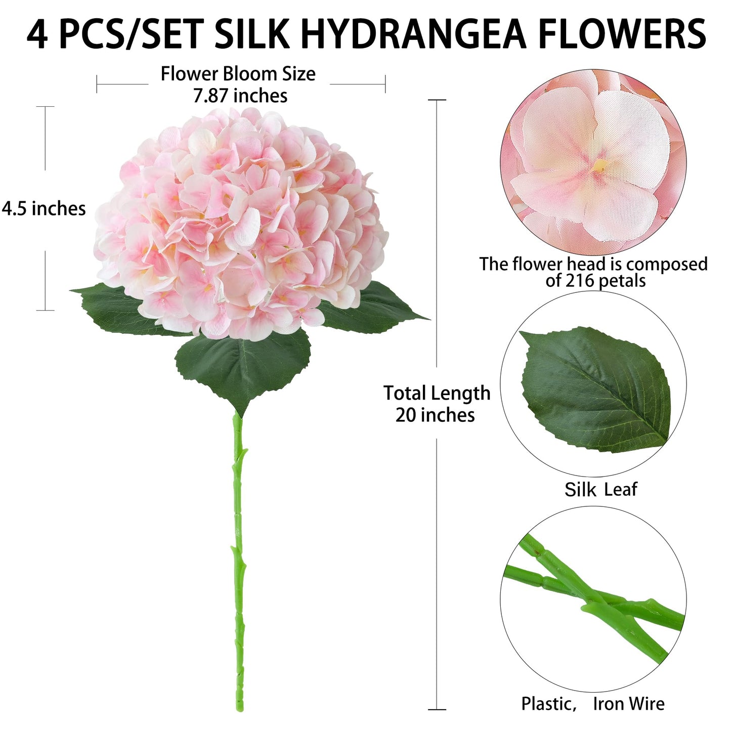 4 Pcs Pink Hydrangeas Artificial Flowers, 20 inches Large Lifelike Fake Silk Flowers, Faux Hydrangeas Flowers for Wedding Home Party Decor Baby Shower Table Centerpiece
