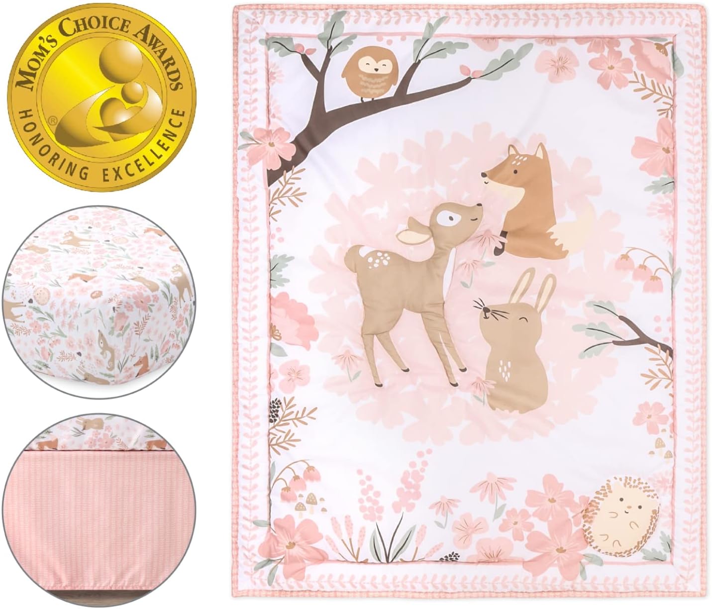 The Peanutshell 3 Piece Baby Crib Bedding Set for Girls - Newborn, Infant & Toddler Nursery Bed Set Decor with Fitted Crib Sheet, Dust Ruffle Comforter - Fairytale Forest