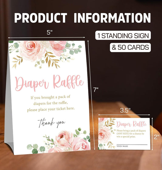 Pink Floral Diaper Raffle Cards for Baby Shower Game,1 Standing Sign & 50 Guessing Cards,Girl's Baby Shower Party Decoration,Guessing How Many Diaper Raffle Tickets