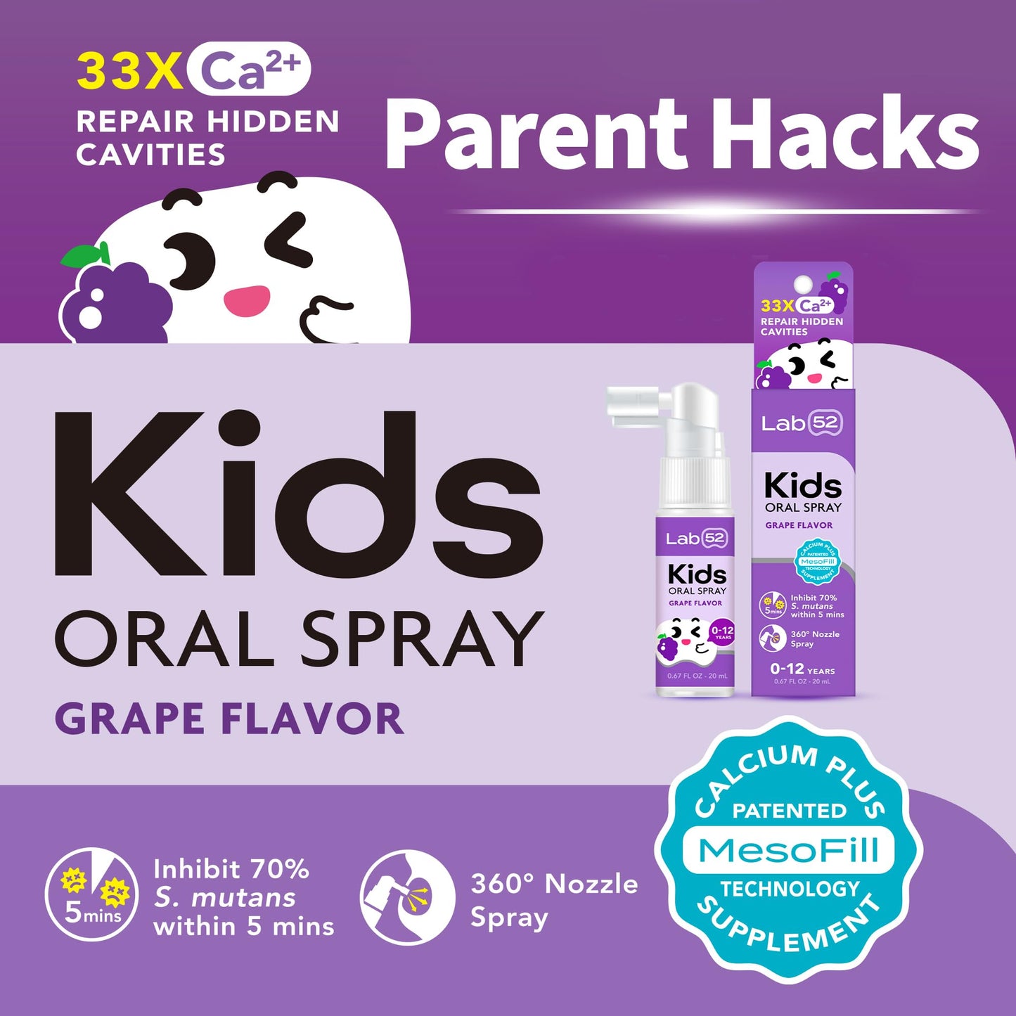 LAB52 Kids Oral Spray, Toddler Toothpaste Helper for Cavity Repair and Fresh Breath, Children Anticavity with Fluoride Free for Newborn to Preschoolers, Xylitol Vanilla Flavor