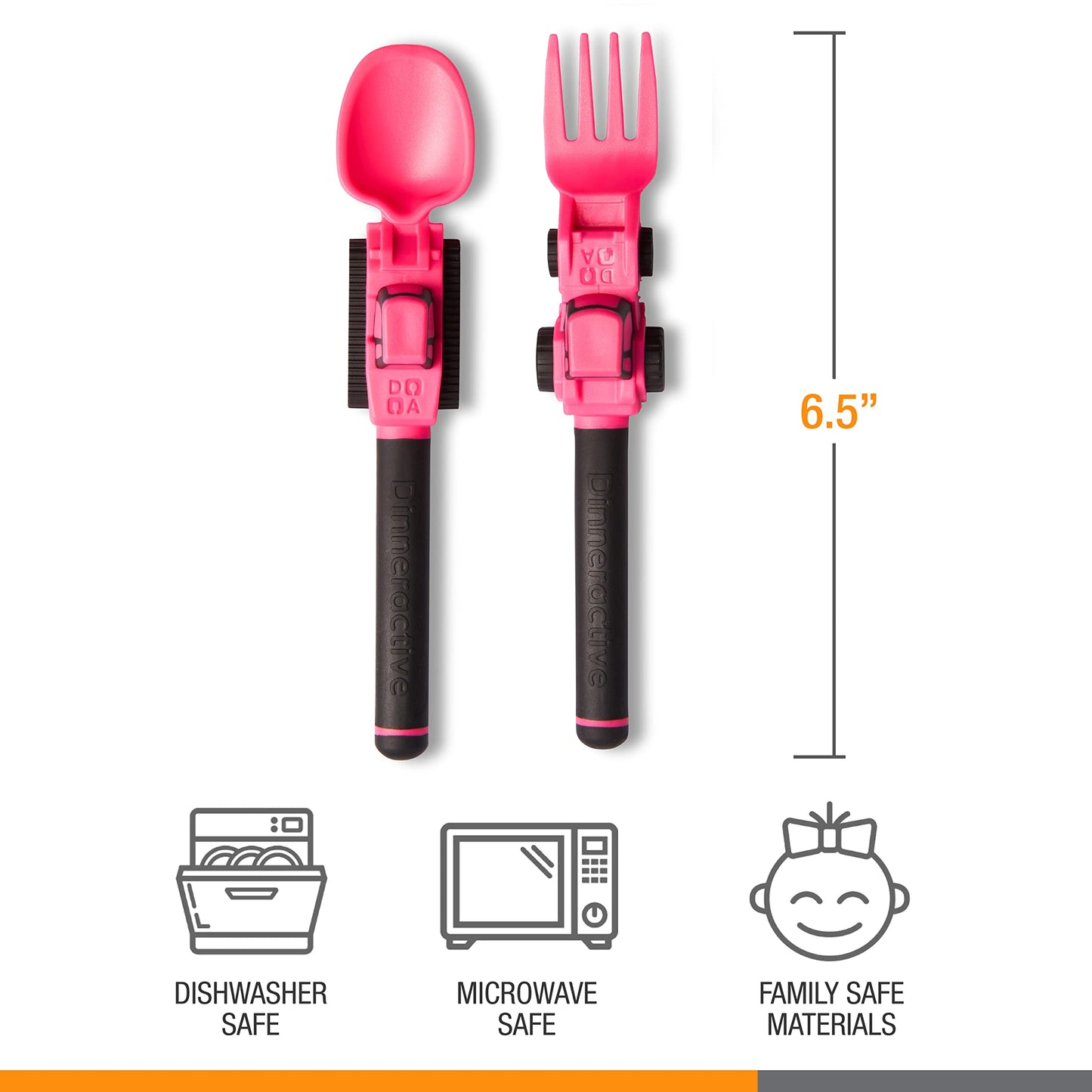 Dinneractive Utensil Set for Kids – Construction Themed Toddler Forks and Spoons, Toddler Utensils – 2PC Set – Fuchsia Construction Utensils For Toddlers - Loader & Tractor Toddler Spoons and Forks
