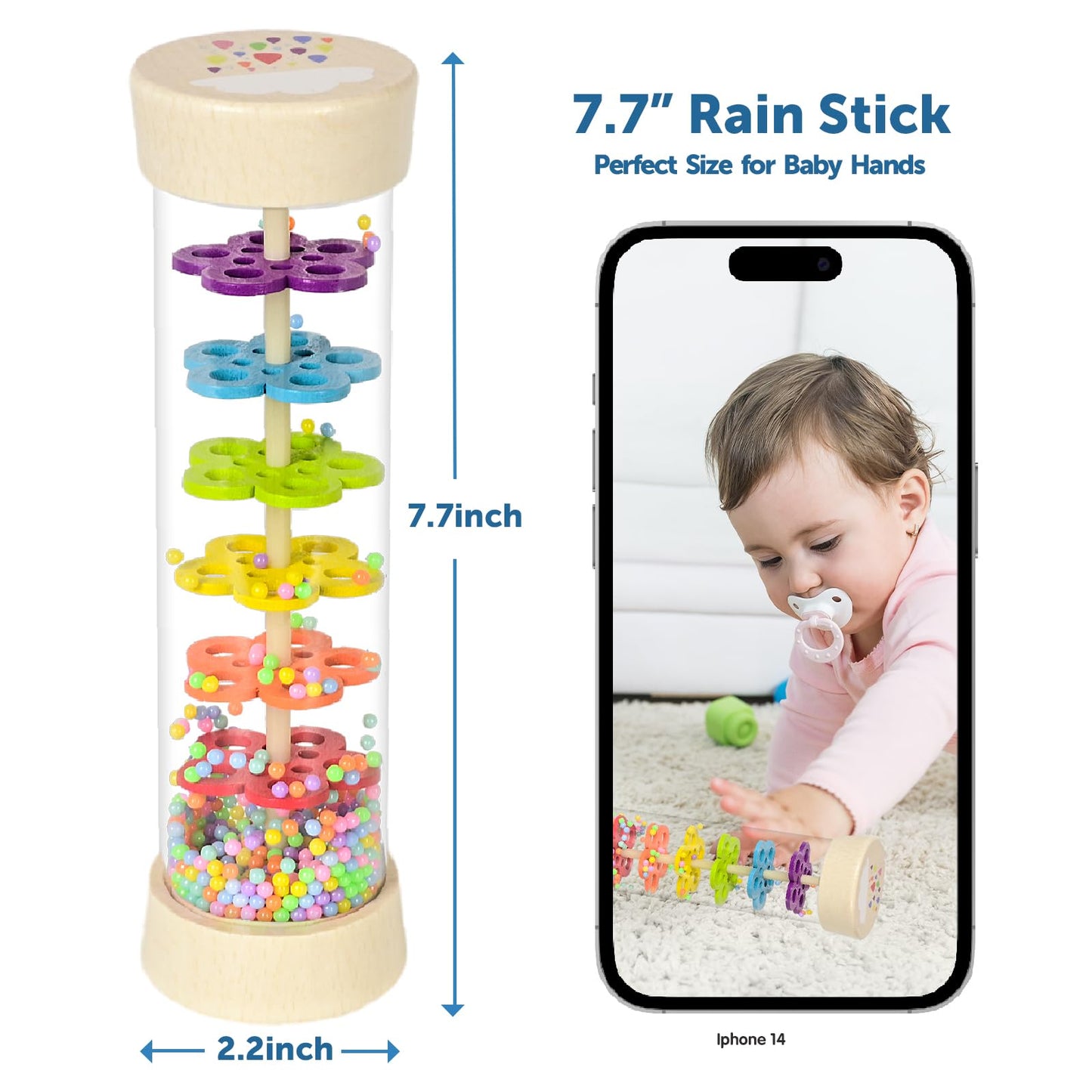 Rain Stick, Montessori Baby Toys for 6-12 Months 1 Year Old, Baby Rattle Wooden Sensory Toys, 7.7” Rainmaker Infant Musical Toy - Gifts for 6 7 8 9 12 Month Old Newborn Boys Girls Toddlers