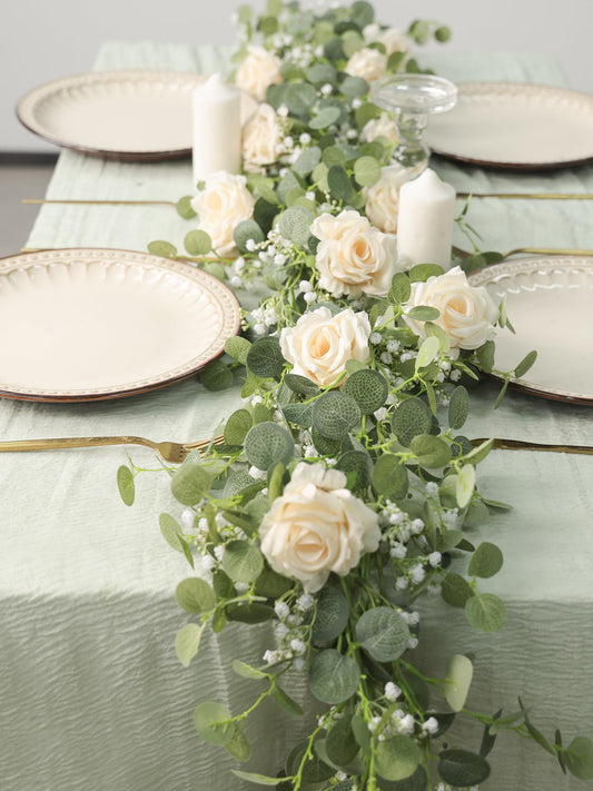 Anna's Whimsy 5.91FT Artificial Eucalyptus Garland with Flowers, Fake Flower Rose Gypsophila, Faux Floral Greenery Garland for Wedding Spring Home Party Craft Art Table Runner Decor