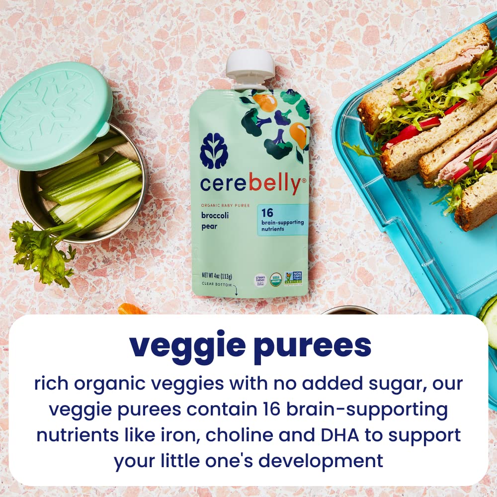 Cerebelly Organic Baby Food Pouches Variety Pack – Organic Veggie Purees for Toddlers | No Added Sugar, Fiber, Non-GMO | Blended Toddler Pouches | 4 Ounce BPA-Free Pouch | 4 Flavors | 8 Count