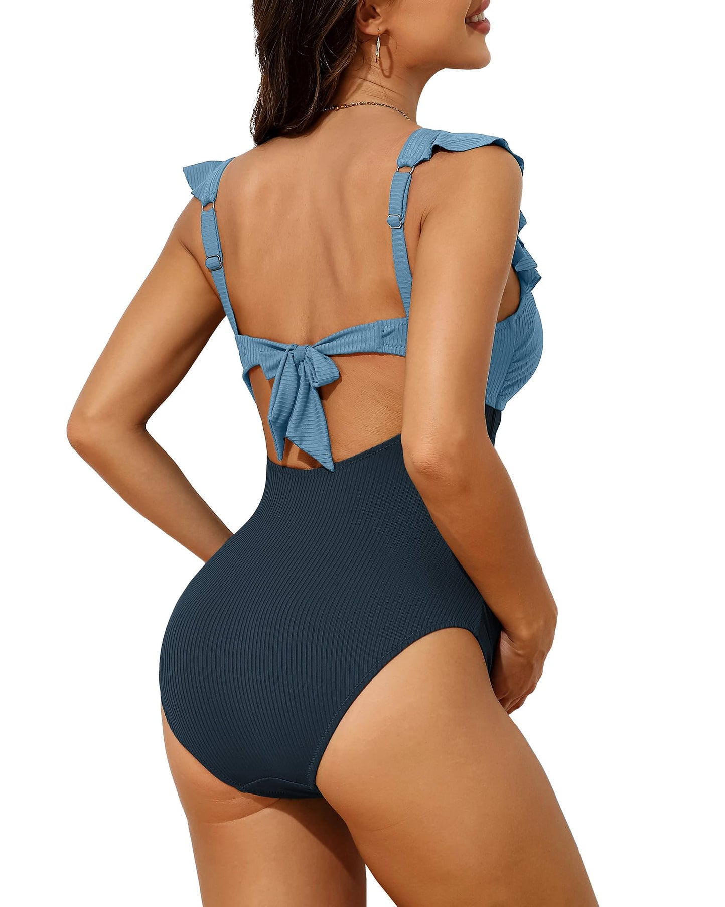 Charmo Ruffle Maternity Bathing Suits for Women Ribbed Tie Knot Maternity Swimsuit Cutout Ruched Pregnancy Swimwear