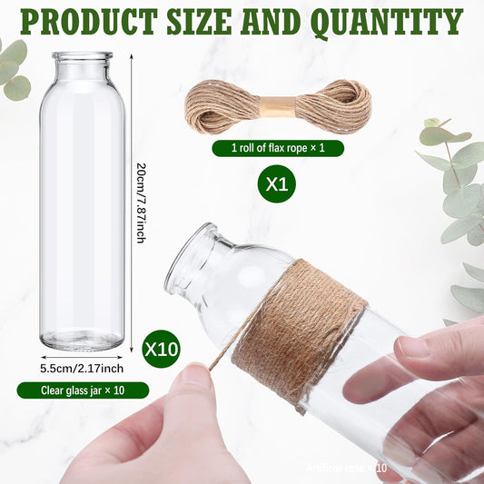 10 Set Clear Glass Vase with Flowers Centerpieces 10 Clear Glass Jars 40 Artificial Plant with Rope Table Centerpieces for Wedding Rustic Baby Shower Party Farmhouse Home Decoration
