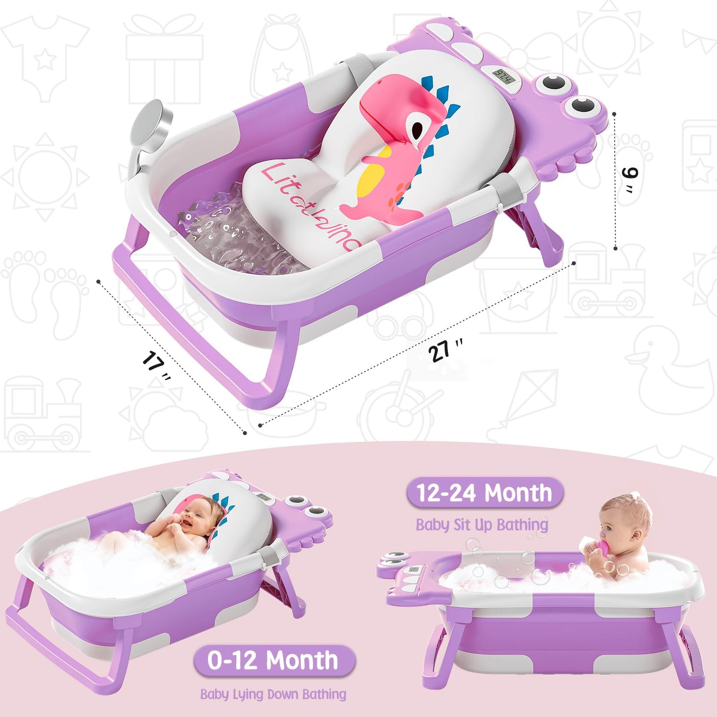 MoreFeel Collapsible Baby Bathtub for Newborn with Thermometer & 1 Hooded Towel & 1 Soft Floating Cushion,Portable Travel Bathtub with Drain Hole, Durable Foldable Baby Tubs for Infants to Toddler