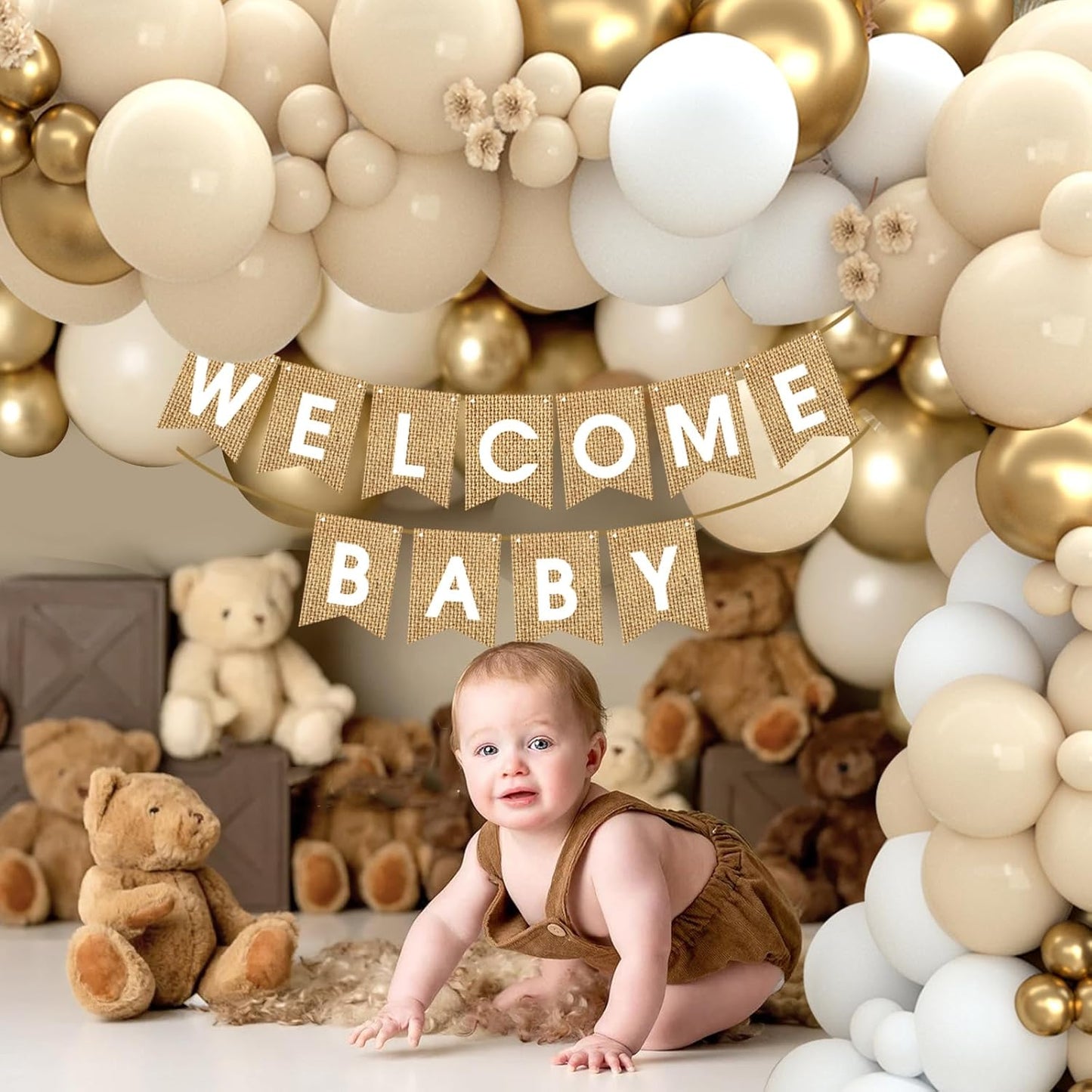 Boho Baby Shower Decorations-97Pcs Burlap Grain Baby Boxes,Nude and Gold Balloons Arch Kit and "WELCOME BABY" Banner for Neutral Baby Shower Decorations,Birthday Party Supplies,Gender Reveal