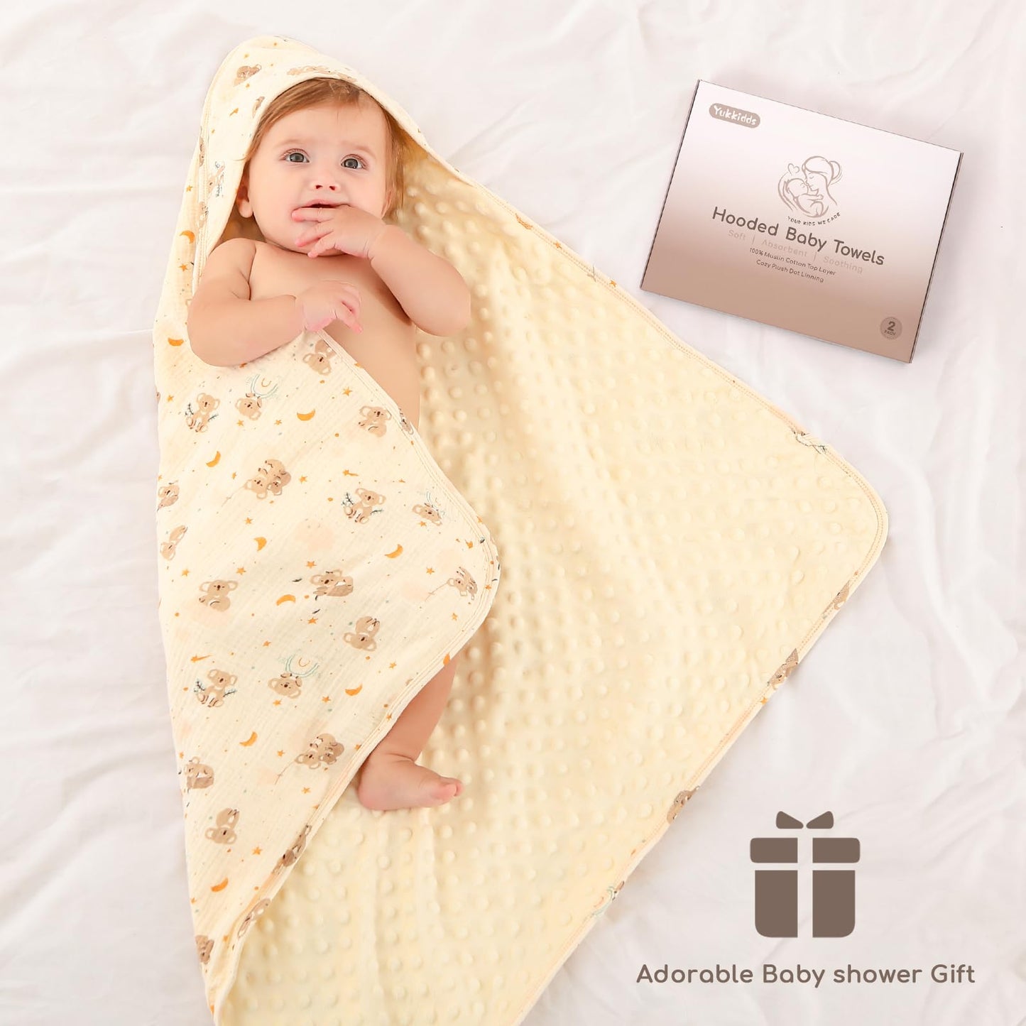 Baby Bath Towels for Newborn 100% Muslin Cotton and Minky Dot Fabric Neutral Hooded Baby Towels Set 2 Pack for Boys Girls Ultra Soft and Absorbent 30 x 30 Inch Green & Plant