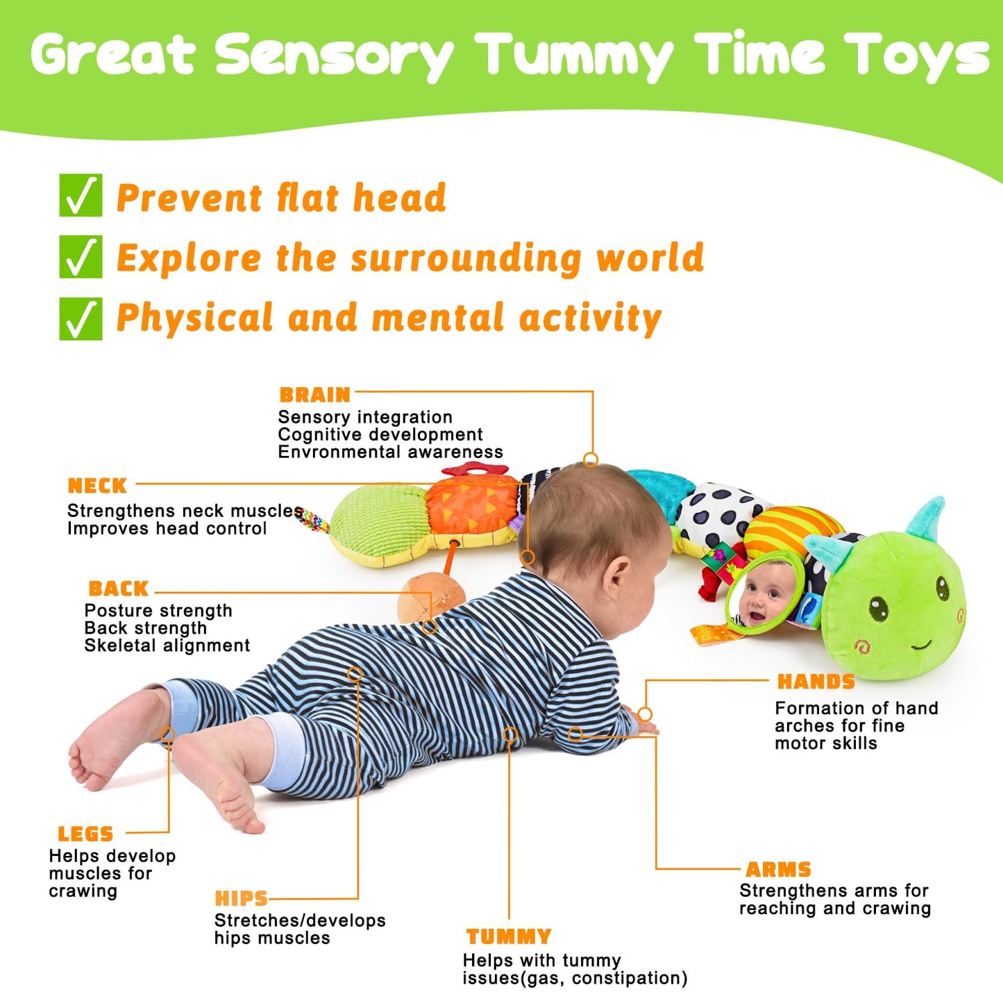 Baby Sensory Toy 0-6 Month Music Animal Stuffed Plush Caterpillar Toy for Infant 0-3-6 Month Tummy Time with Baby Mirror Crinkle Rattle for 6-12 Month Carseat Toy for Newborn Boys Girls Shower Gifts