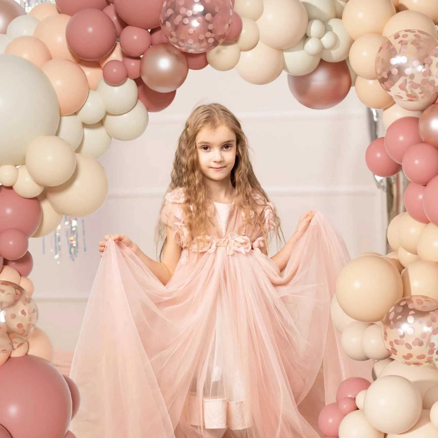 Ouddy Party Dusty Pink Balloons Arch Garland Kit, Different Sizes 18 12 10 5 Inch Boho Pink White Sand Latex Metallic Confetti Balloon for Girl Baby Shower Mothers Day Birthday Party Decorations