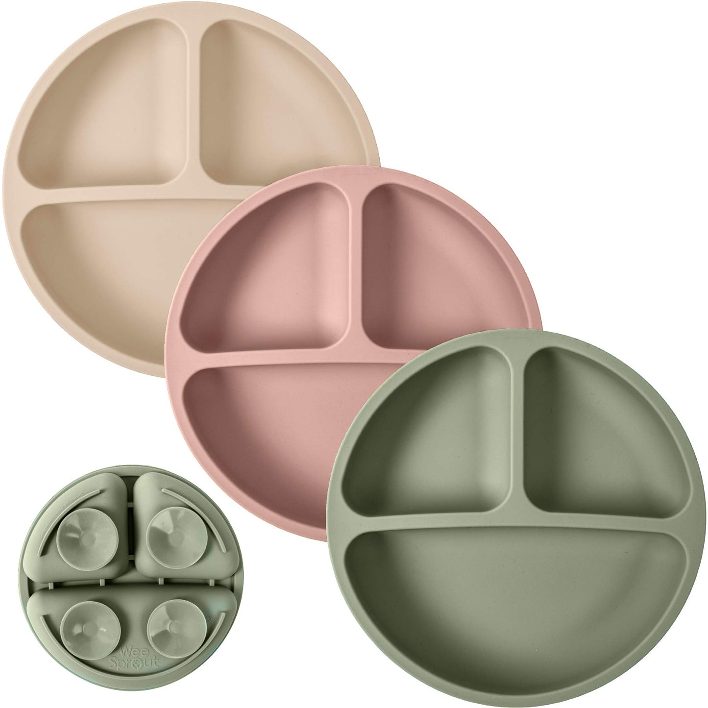 WeeSprout Suction Plates with Lids for Babies & Toddlers - 100% Silicone, Dinnerware Stays Put, Divided Design for Picky Eaters, Microwave & Dishwasher Friendly, 3 Pack