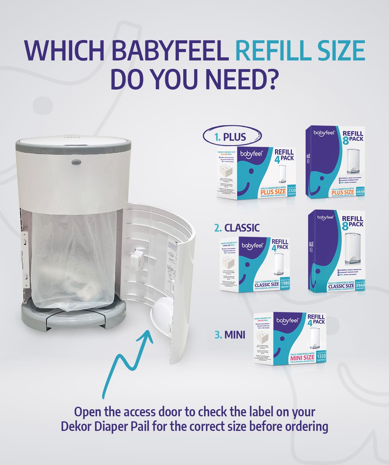 Babyfeel Refills for DEKOR PLUS Diaper Pails, 8 Pack, Exclusive 30% Extra Thickness, Fresh Powder Scent, Holds up to 4640 Diapers
