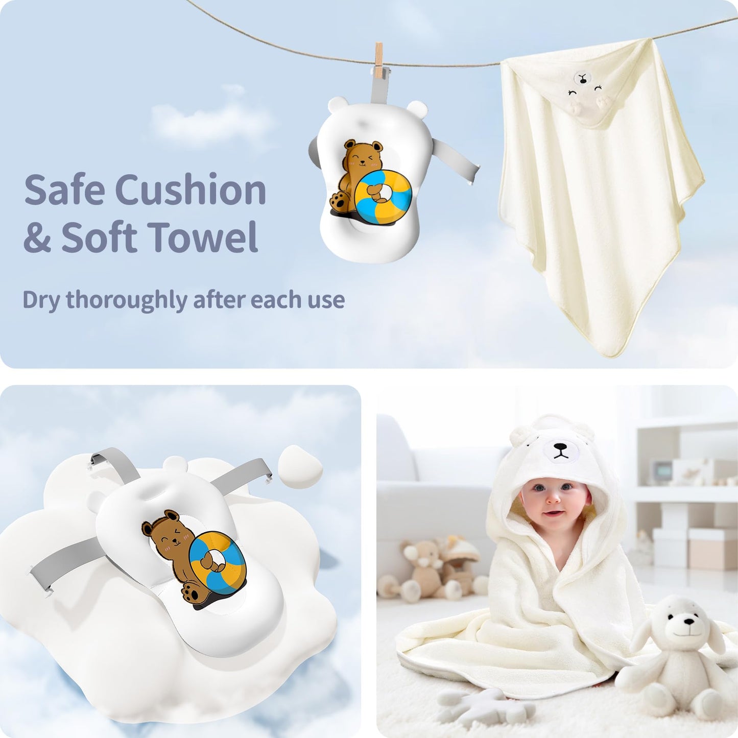Collapsible Baby Bathtub for Newborn to Toddler (0-18 M) - Portable Baby Tub with Thermometer, Newborn Bathtub with Soft Towel and Floating Cushion (Brown)