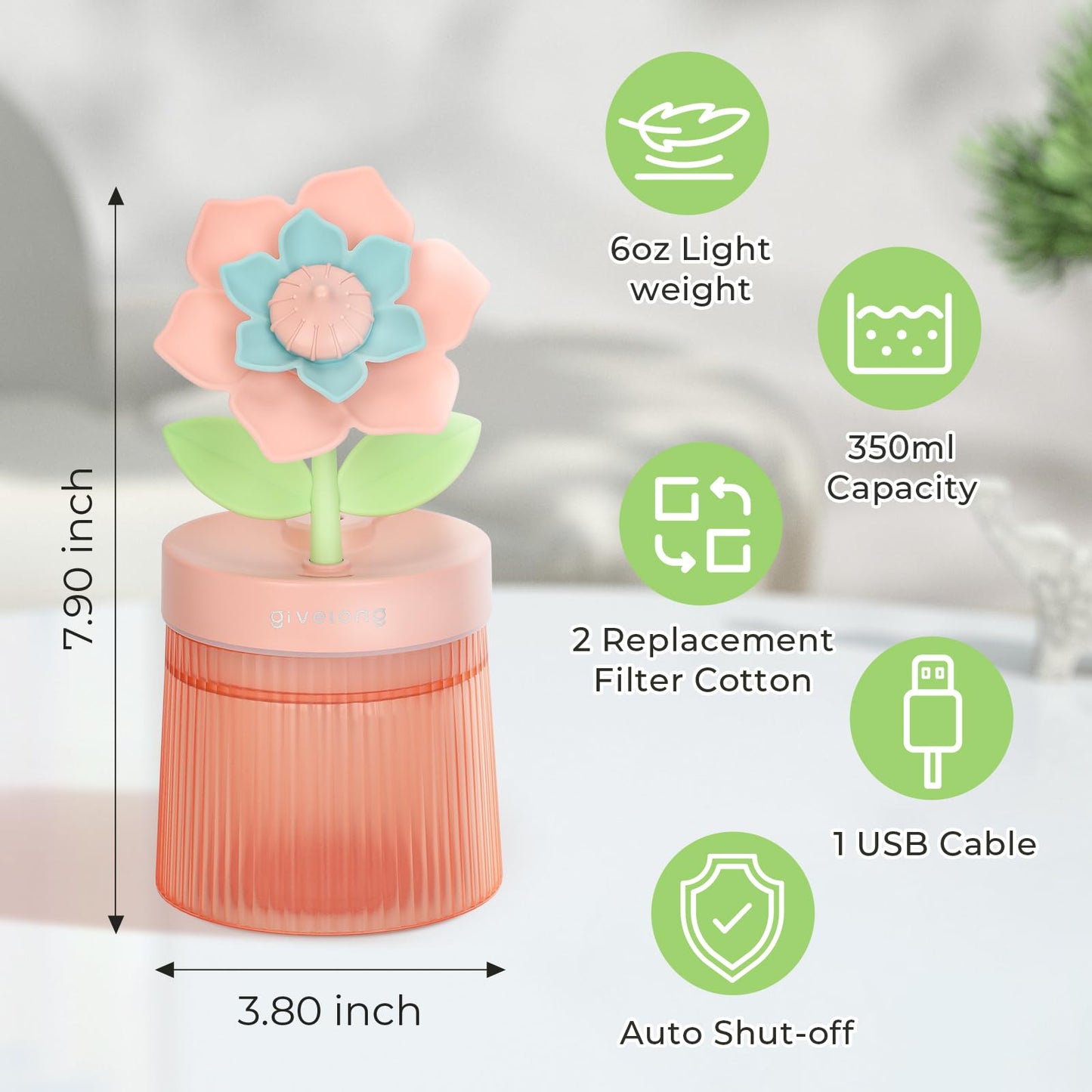 Cute Flower Mini Humidifier, 260ml Gardenia Desktop Humidifiers for Bedroom, Portable Small Cool Mist Humidification for Home, Baby Nursery, Office & Indoor Plants, USB Powered (Pink)