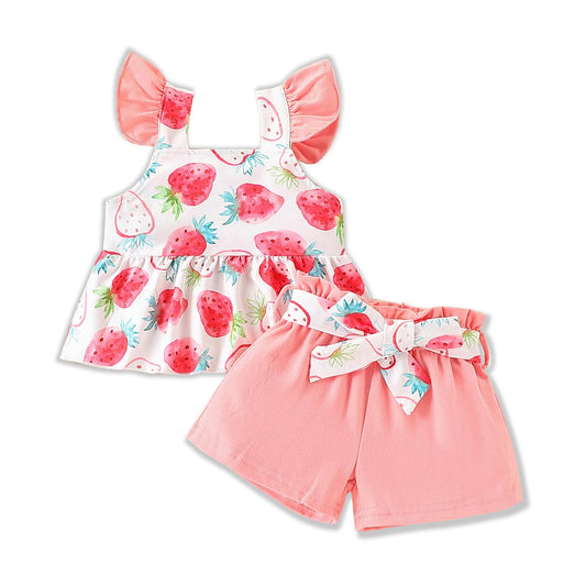 3-18M Newborn Baby Girl Pink Outfits Set Ruffle Sleeve Floral Top + Soild Shorts with Belt